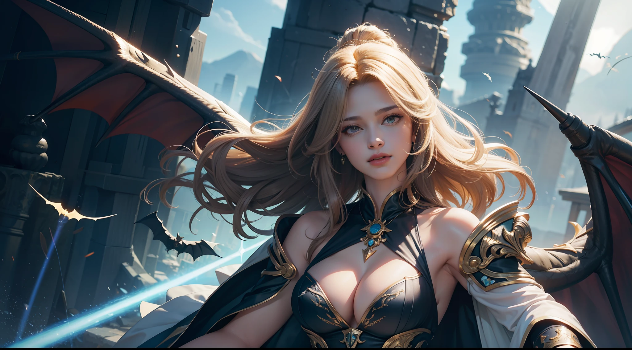 (8K,RAW photos,best qualtiy,tmasterpiece:1.2),ultra - detailed,offcial art,photo-realistic:1.37,upperbody shots,Confident and mature woman,Dragon's horn,Bat wings,Large breasts,magnificent robe,complex patterns,magia,borgar,Natural hair,filmgrain,actionpose,rays of sunshine