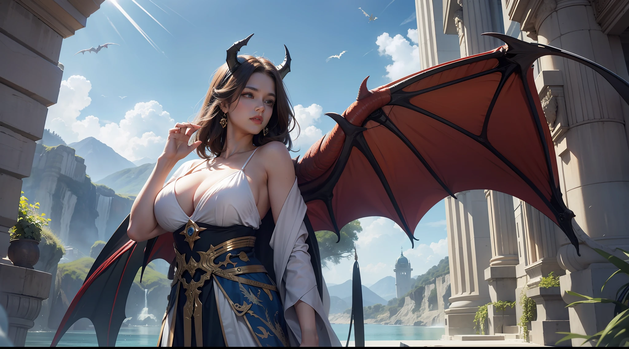 (8K,RAW photos,best qualtiy,tmasterpiece:1.2),ultra - detailed,offcial art,photo-realistic:1.37,upperbody shots,Confident and mature woman,Dragon's horn,Bat wings,Large breasts,magnificent robe,complex patterns,magia,borgar,Natural hair,filmgrain,actionpose,rays of sunshine