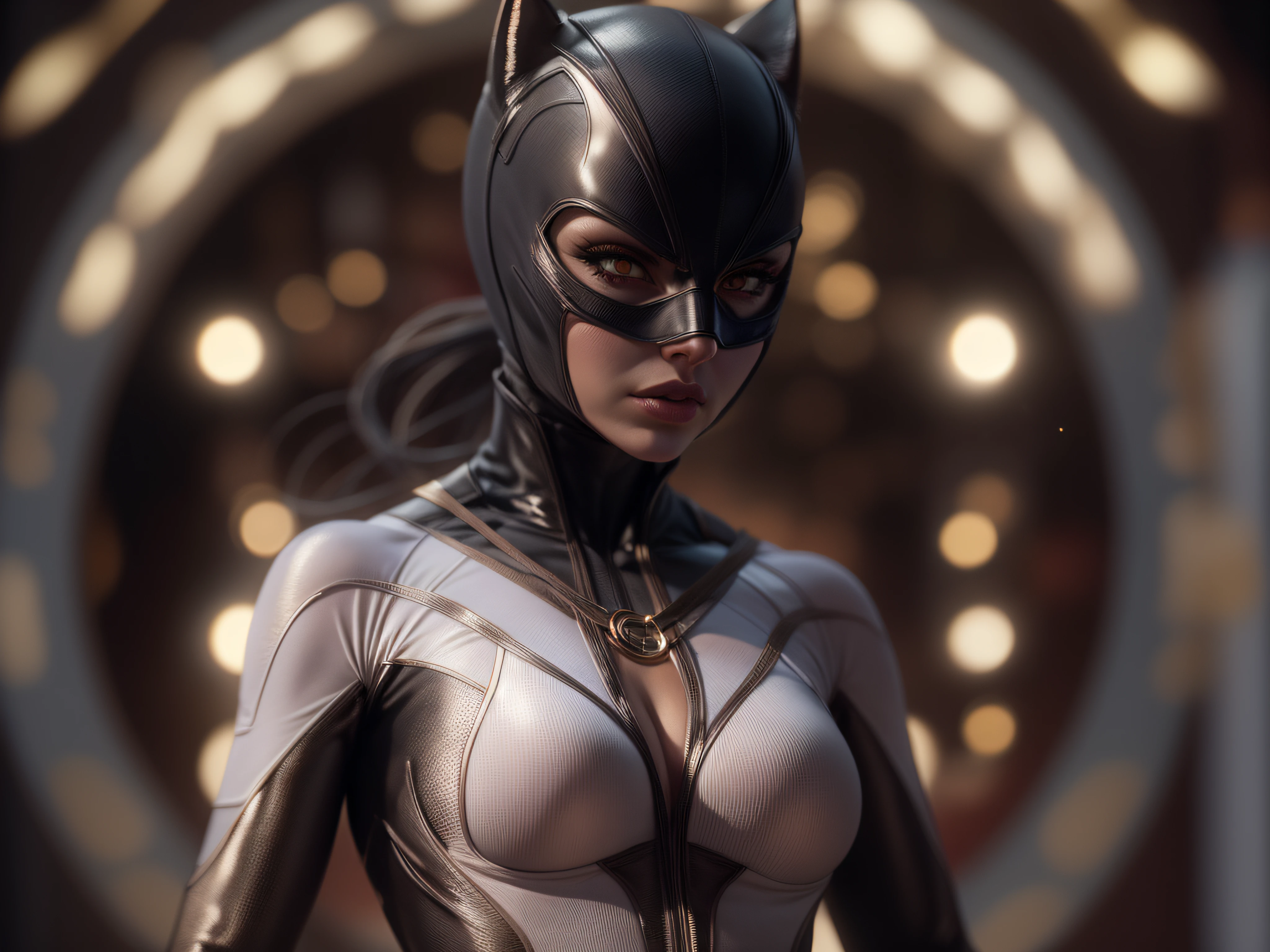 Closeup on a powerful threat, The creepy appearance of the mysterious Catwoman, inimmiga do Batman, vestida com de forma sensual, de bodysuit branco com bege e bronze, menacing stare, ricamente detalhado, Hiper realista, 3D-rendering, obra-prima, NVIDIA, RTX, ray-traced, Bokeh, Night sky with a huge and beautiful full moon, estrelas brilhando, 8k,