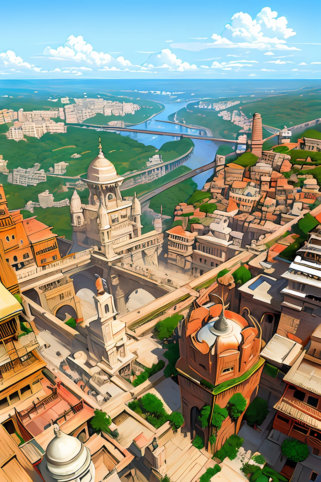 ((masterpiece)),((best quality)),((high detial)),((realistic,)) ancient banaras city, deep canyons in the middle, architectural streets, bazaars, Bridges, rainy days, steampunk, Indian architecture
