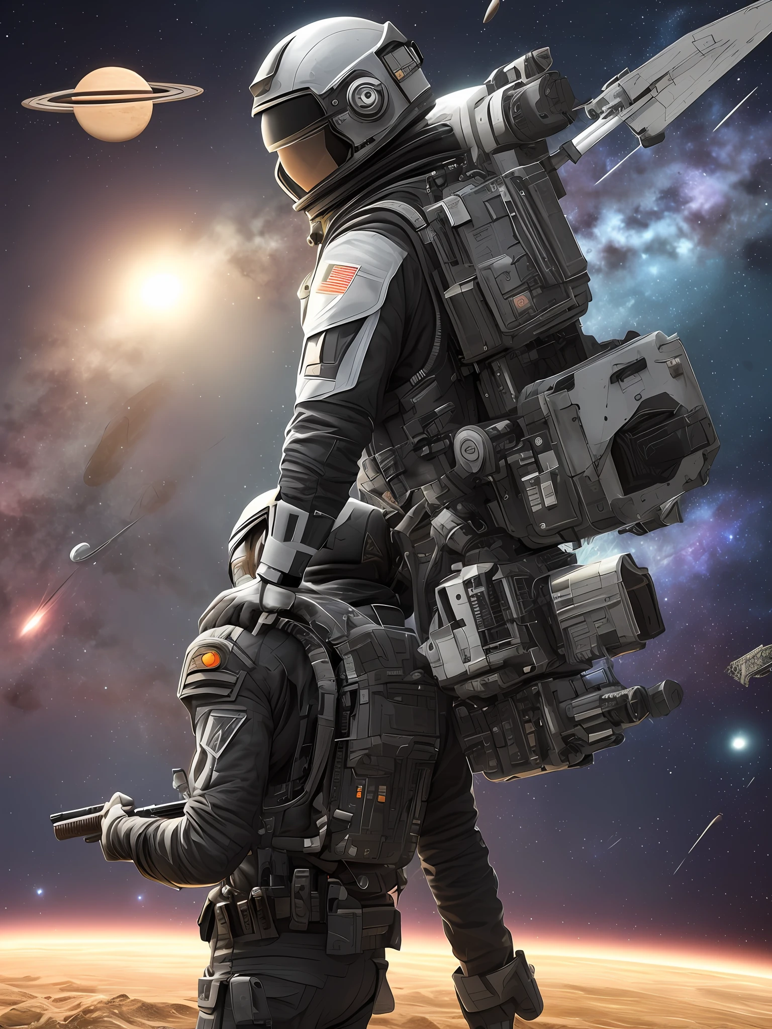 Full body photo,A middle-aged man wearing a dark sci-fi style suit, carrying tools and carrying a firearm on his back,Space wind,Future wind,Future military wind,Heavy industrial style