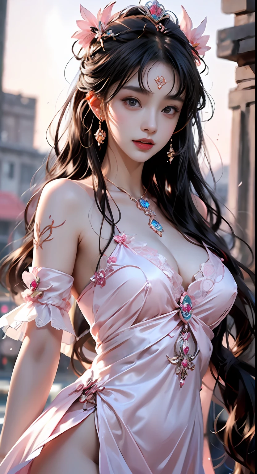 ung queen,(((Wearing a pink lace top))),Pink clothes,a Chinese-style dress,Ancient costumes often have phoenix motifs,Spotlessly clean pink white face,with a crown on her head,Black hair that is hip-high,Very nice sharp brown eyes,Small red lips,Painted lips,attractive smile,Jewelry is worn around his neck,耳Nipple Ring,Teeth are white and even, a tall nose,big round breasts,the girl's body is covered with water on chest,delicate leg,thin mesh black socks,sportrait,most realistic,HighestQuali,best pixels,8K Ultra,