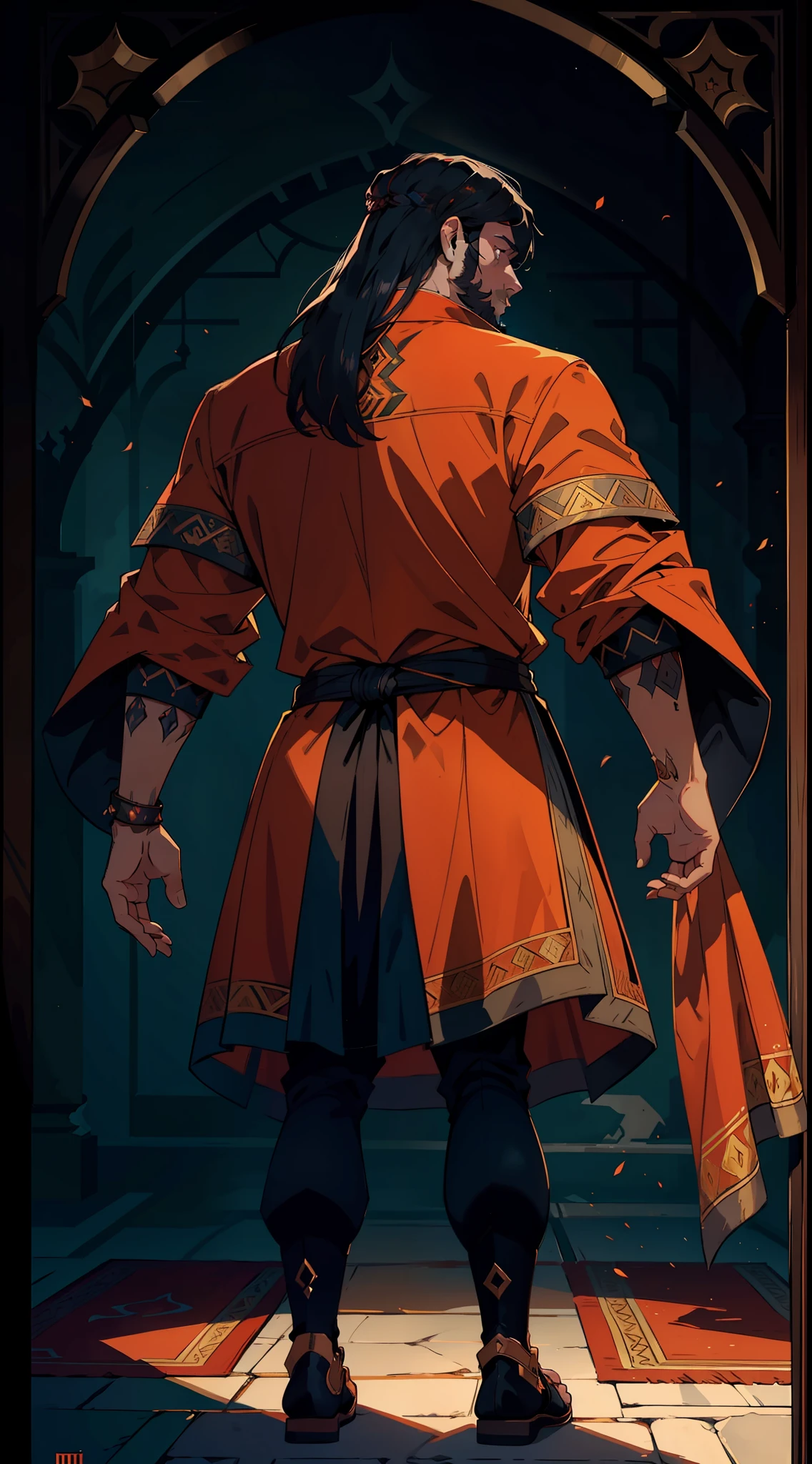 "A regal Sultan, a majestic King of the Andalus, captured in a powerful silhouette, with a touch of darkness and a warm color palette of blazing orange and rich tawny tones, shot from behind, we only see his back only,"
