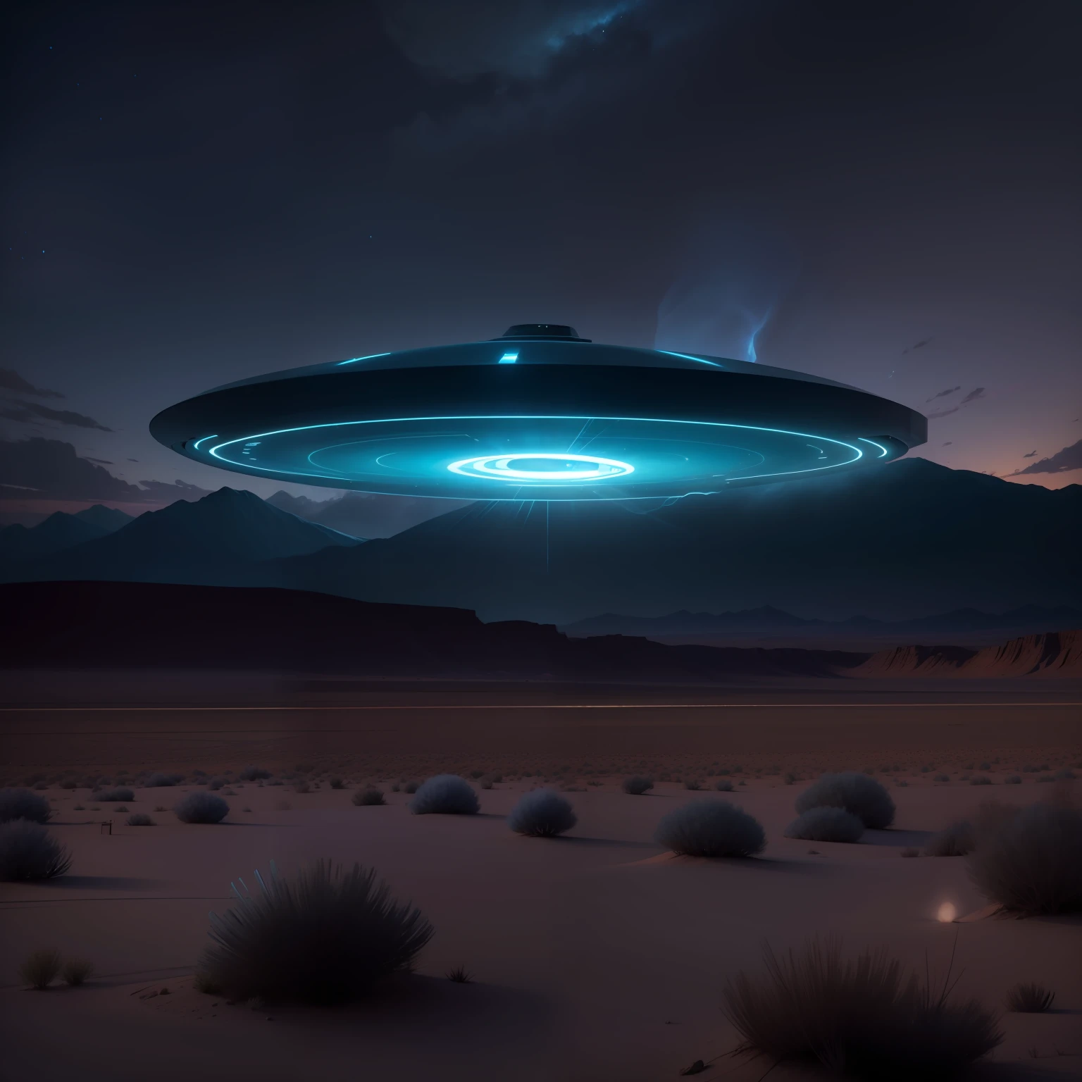 uma imagem realista de um disco voador de cor escura, emitting a soft blue light towards the ground, at night, in area 51, Nevada, Estados Unidos^)