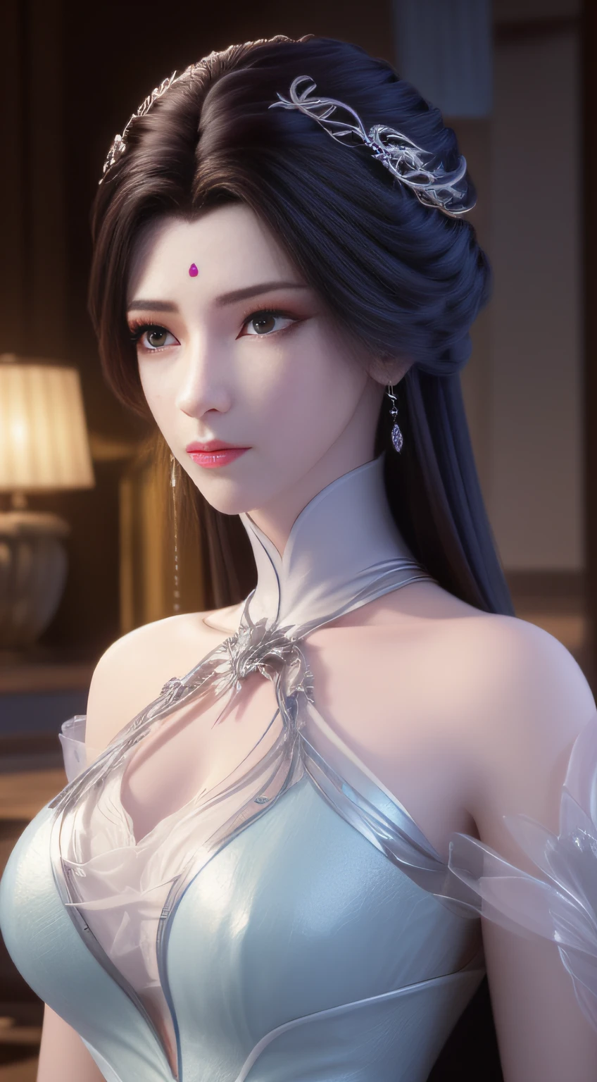 1 girl,best quality ,masterpiece, illustration, an extremely delicate and beautiful, extremely detailed ,CG ,unity ,8k wallpaper, Amazing, finely detail, masterpiece,best quality,official art,extremely detailed CG unity 8k wallpaper,absurdres, incredibly absurdres, huge filesize , ultra-detailed, highres, extremely detailed,beautiful detailed girl, extremely detailed eyes and face, beautiful detailed eyes,light on face, circlet, cleavage, real face, standing, natural face, clothes with texture, earrings, eyelashes, hair_ornament, jewelry, soft lighting,cinematic lighting , Baotou head,