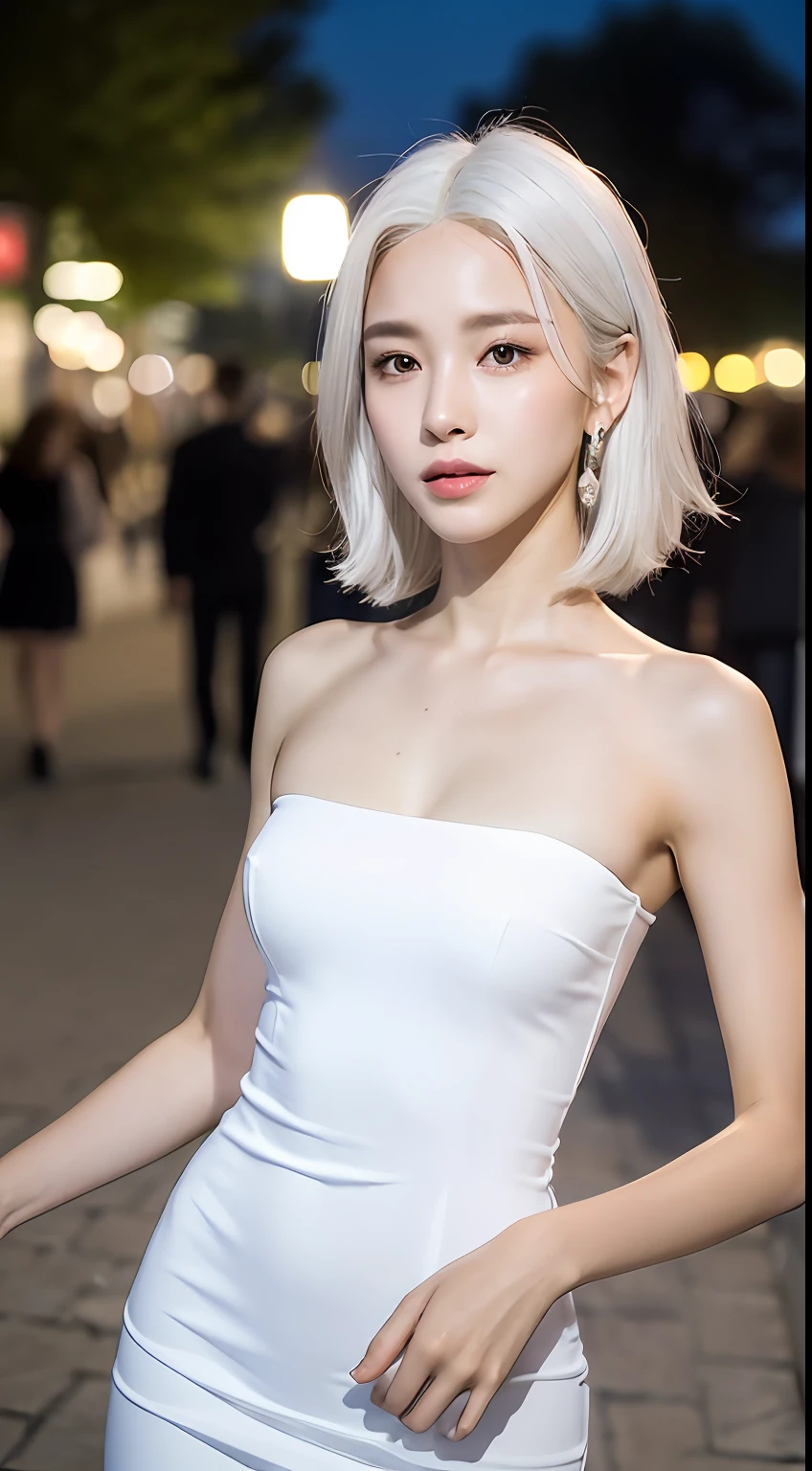 ((Realistic lighting, Best quality, 8K, Masterpiece: 1.3)), Focus: 1.2, 1girl, Perfect Body Beauty: 1.4, Slim Abs: 1.1, (( white Hair)), (Aqua Dress: 1.4), (Outdoor, Night: 1.1), City Street, Super Fine Face, Fine Eyes, Double Eyelids,