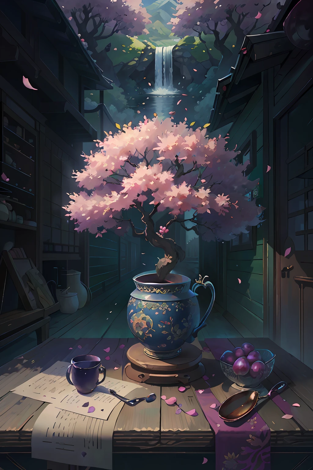 Original,(illustratio:1.1),(best qualtiy),(tmasterpiece:1.1),(the Extremely Detailed CG Unity 8K Wallpapers),(a color:1.2),Plum tree,Plum petals,scenecy,rios|Wagas,