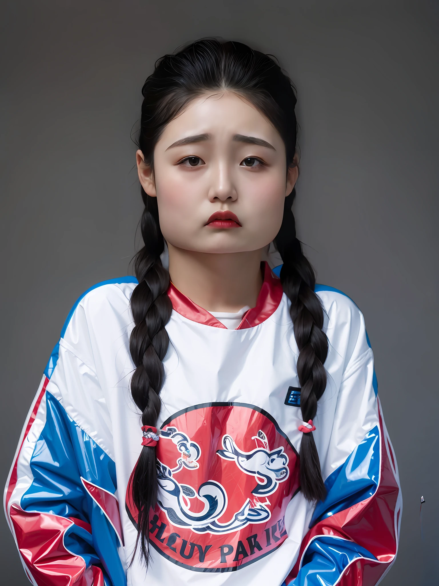 A Chinese high school girl,Wear colorful PVC casual clothes,Twist braids
