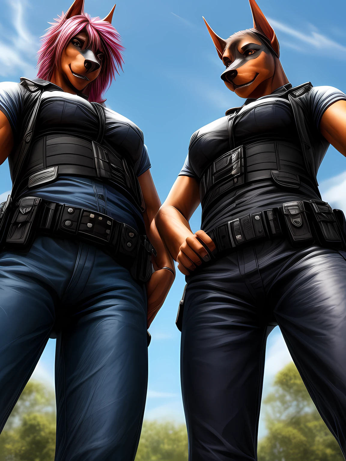a (two doberman girls) wearing a police outfit, no cap, little pink punk hair, (photo realistic:1.3), low angle view, (masterpiece:1.4)