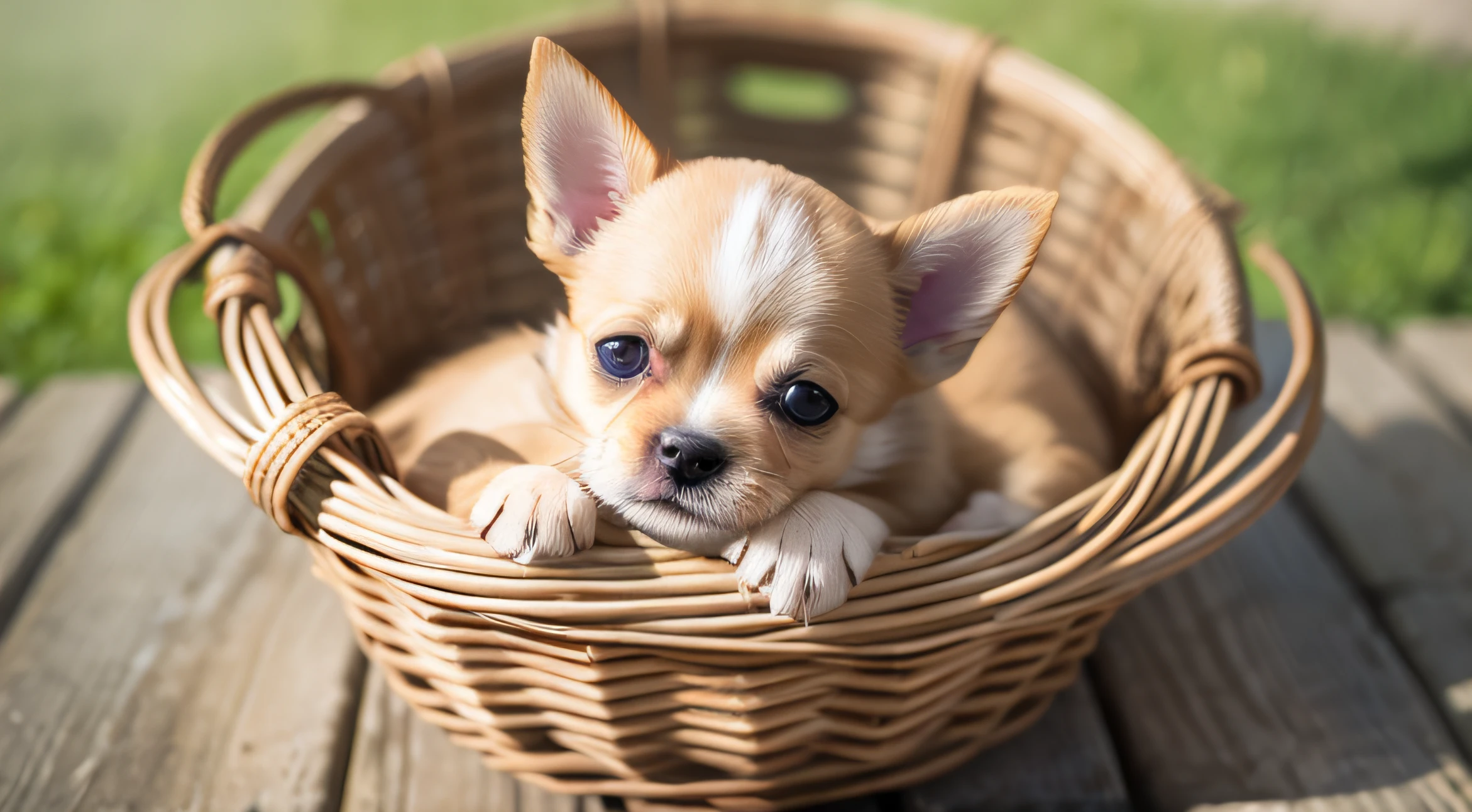 No humans、Chihuahua puppy、(((Has a small)))、In the basket、in 8K、professional photograpy、Delicate、Vivid、Sheer sunlight、Light leak、masterpiece、(((lovely)))、plushies、Round pupils、