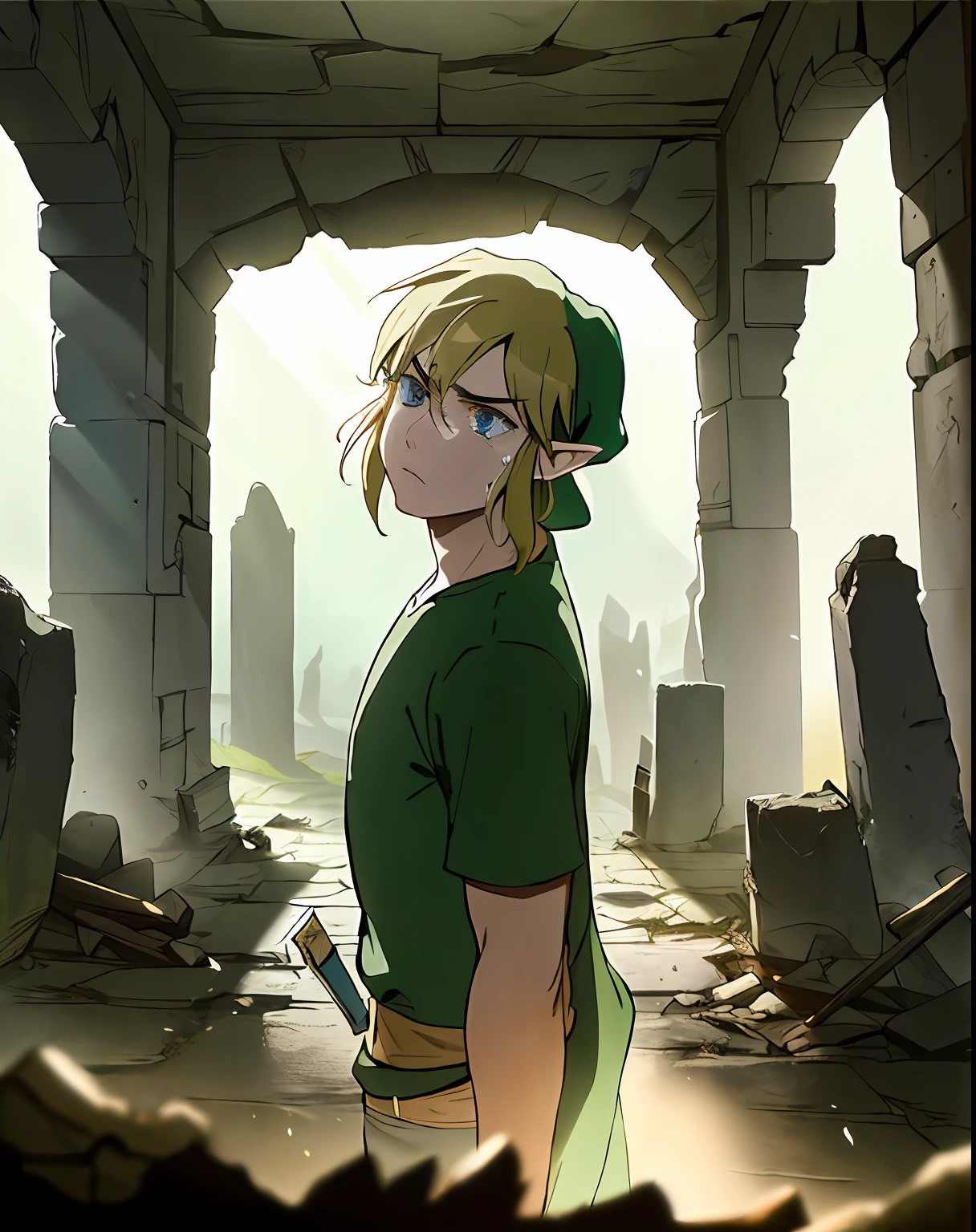 (((Link))), protagonista da franquia de videogame The Legend of Zelda, in a thrilling and epic scene, shedding tears in a devastated kingdom. Intense lighting highlights every detail, while the scenery features majestic ruins and an atmosphere of melancholy. Convey all the emotion and depth of this scene, com texturas realistas e sombras impressionantes.