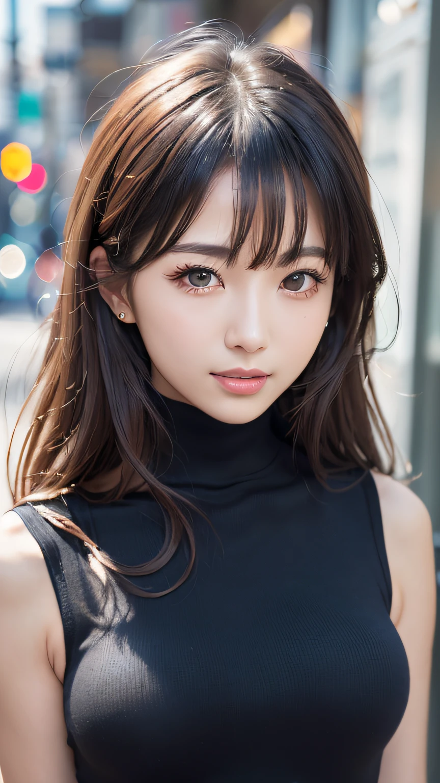 (8K, 超A high resolution, Best Quality, masutepiece:1.2)、RAW portrait of japanese girl、超A high resolution、top-quality、 (Micro-breasted:1.5)、{White shorts:1.5}、(Wearing a black sleeveless turtleneck:1.5)、(In the street:1.2) BREAK (Natural Skin Texture、Detailed skin、Hyper-Realism、ultra sharpness)、intricate detailes、depth of fields、Sexy adult woman、Long black hair straight、((masterpiece、top-quality、high-detail))、(Photorealsitic:1.4)、独奏、closes mouth、Smile happily、big eye、Distinct double eyelids、Lashes、long neck、Absolute area、Clean collarbone、face perfect、thin lips、a small face、(gazing at viewer、Highlights in the eyes、Light brown eyes、lipgloss)、(Show the whole body from the side:1.3)
