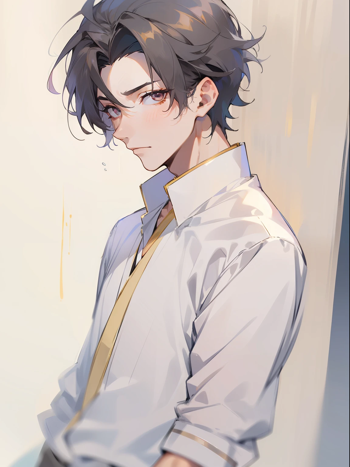 ultra detail,haigh quality,sketch,1boy,mature male,beautiful face,(black center parting hair:1.3),handsome male,pearl skin,white short sleeve shirts,drooping eyes,japanese high school,dynamic angle,japan anime,