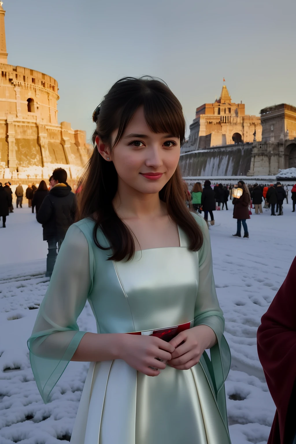 best quality, ultra high res, detailed face, realistic face,RAW photo,2girls,duo,navel,(on the Castel Sant'Angelo of Rome,crowd,winter,Snow),(cheerful, energetic, happy:1.4), hair small clip with ladybug, 
(hdr:1.4), dramatic, complex background, cinematic, filmic, (rutkowski, artstation:0.8),
insane details, intricate details, hyperdetailed, low contrast, soft cinematic light, exposure blend, hdr ,