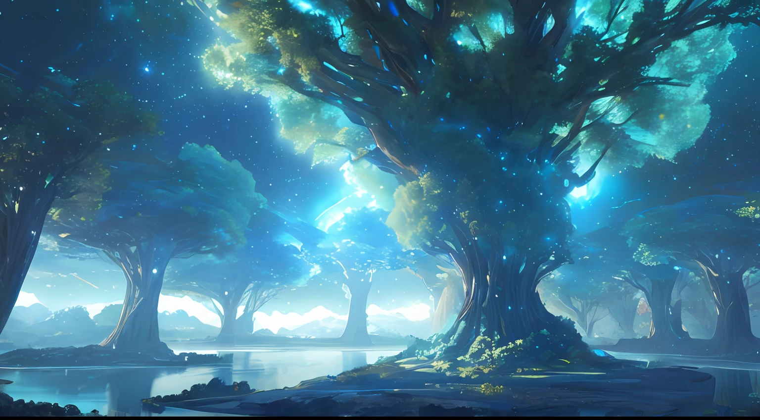 Illustration of a hyperrealistic , otherworldly, ultrasky scene featuring a giant crystal tree full body,very detailed and magical lighting, intricate forest details, vegetation and river around, solarpunk ,landscape, giant tree, beatifull leafy with beautiful lighting and realistic proportions, as if it were a cinematic background, 8k, highest quality, masterpiece, clouds and stars in the sky.