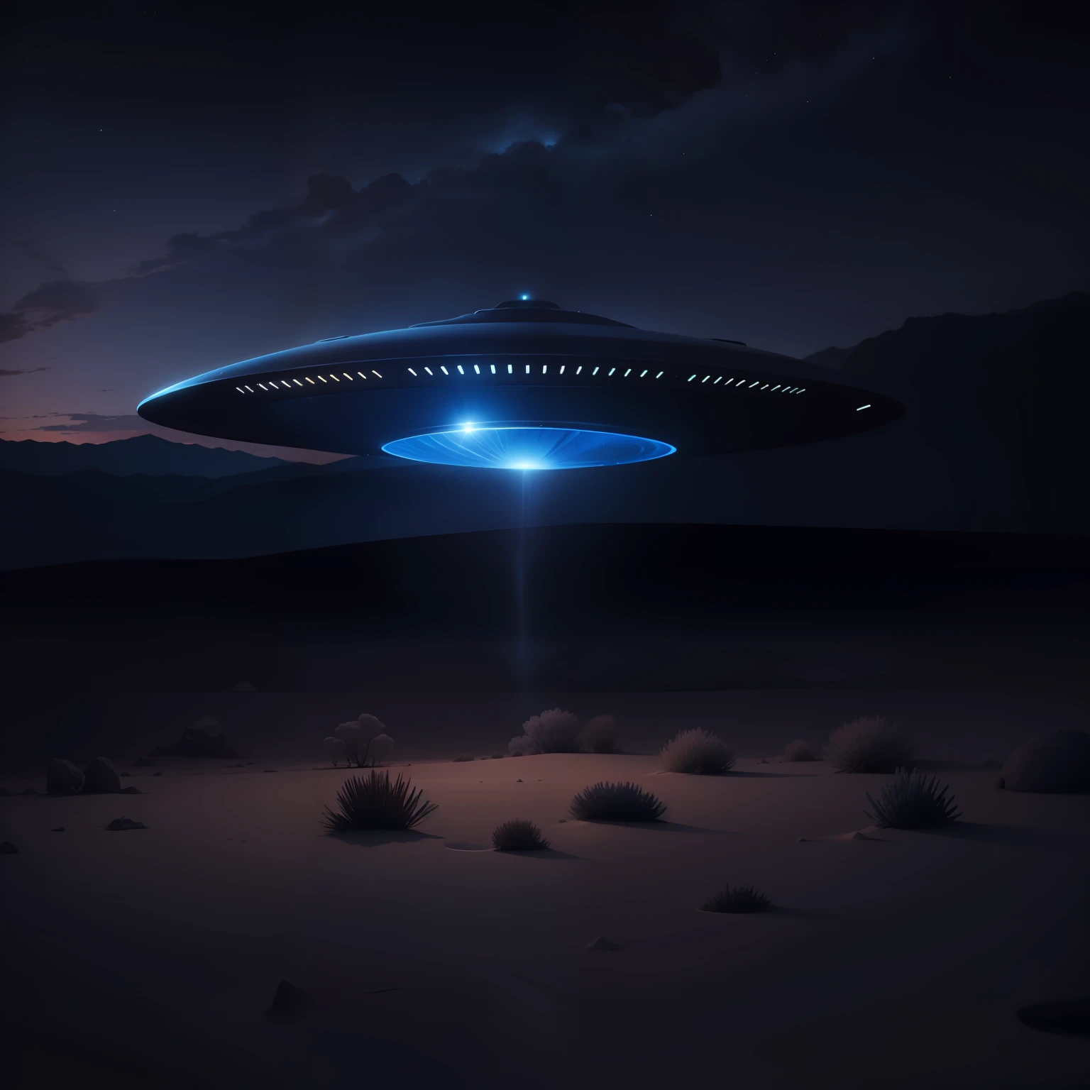uma imagem realista de um disco voador de cor escura, emitting a soft blue light towards the ground, at night, in area 51, Nevada, Estados Unidos^)