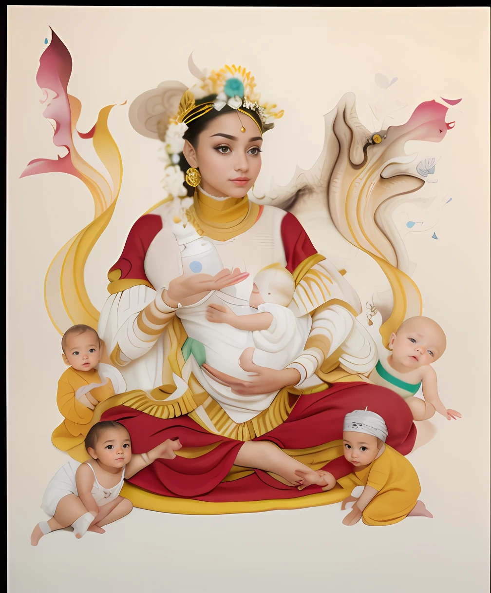 （32K，RAW photos，best qualtiy，tmasterpiece：1.6），（realisticlying，Foto realism：1.72）， In a fascinating picture，Indian elegant woman，brunette color hair，Wear an Indian sare，Light yarn flutters，Holding a bottle in his hand，Holding a ，There are 5 small babiere are 5 small babies in total，robe，Baby's cuteness，It creates a captivating scene of harmony and otherworldly beauty。 hdr，（真实感，Masterpiece quality，best qualtiy），，PureErosFace_V1，Urzang-6500-V1 Edition, Edition, Edition.1，nice hand，Good feet，good legs，realisticlying，（Delicate beautiful eyes and delicate face)，（Clear focus，rich details​），The background is well lit，Calm expression，aliasing，depth of fields，Gentle lighting，Tone-mapping，Background highly detailed，Dramatic lighting，Shoot with a Hasselblad X2D camera and a 100mm f2.2 lenses，plethora of colors，The light is gentle，It has a super realistic texture。