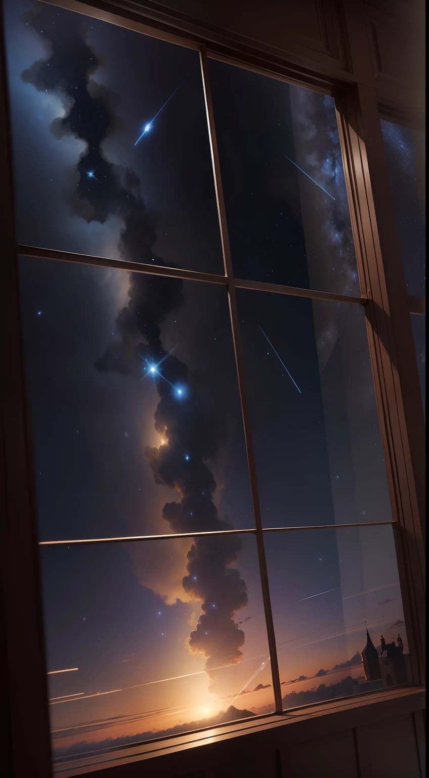 Uma grande janela de vidro transparente, overlooking the sky, milhares de estrelas brilhantes, constellations, master part, best quality, (Muito detalhado CG unidade 8k papel de parede) (best quality)