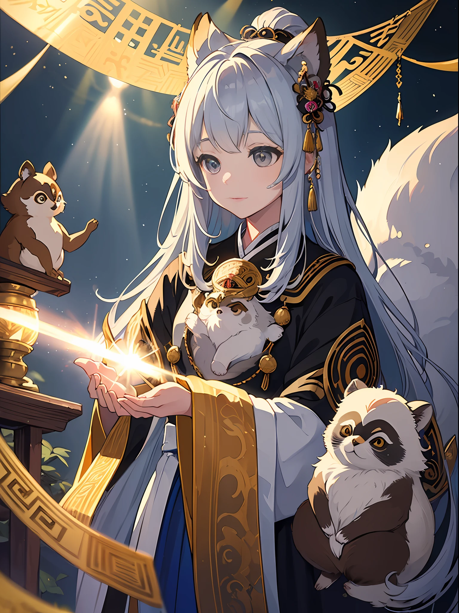 ((4K、masterpiece、top-quality))、Ink painting、ink and watercolor painting、Witches、Silver eyes、Silvery hair、Traditional costumes、Tanuki ears、Tanuki tail beautiful light reflection、lensflare、Seasonal geometric patterns、natural、the golden ratio、sound effects