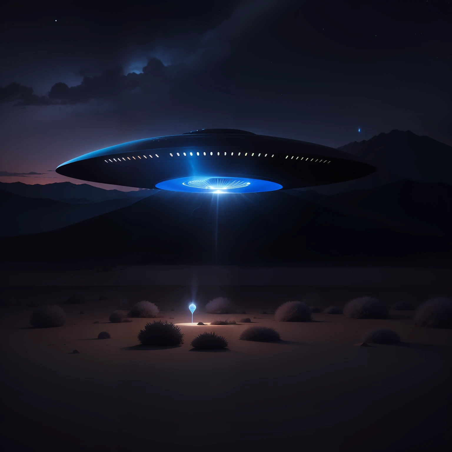 uma imagem realista de um disco voador de cor escura, emitting a soft blue light towards the ground, at night, in area 51, Nevada, Estados Unidos^)
