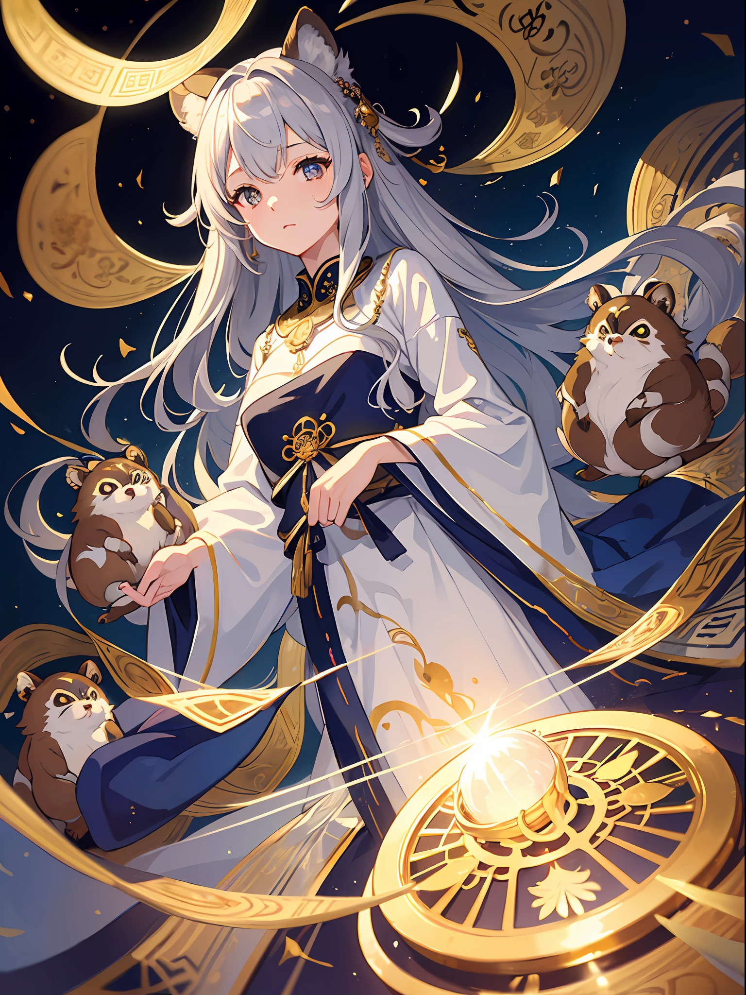 ((4K、​masterpiece、top-quality))、Ink painting、ink and watercolor painting、Witches、Silver eyes、Silvery hair、Traditional costumes、Tanuki ears、Tanuki tail beautiful light reflection、lensflare、Seasonal geometric patterns、natural、the golden ratio、sound effects