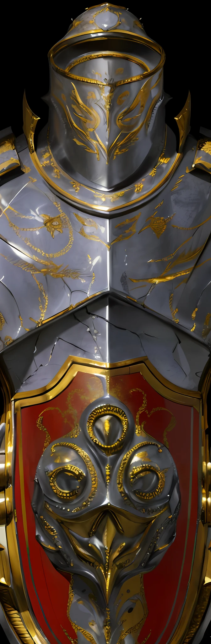 Close-up of helmet with gold and red design, Cracks in the armor, Silver armor,Thin gold trim, Silver armor,golden trim, Intricate armor details, Aging armor plating, exquisite helmet detail, unreal detail, hand painted textures on model, hyperdetailed metalwork, photogenic details on armor, Silvertone,golden trim, detailed intricate ornate armour