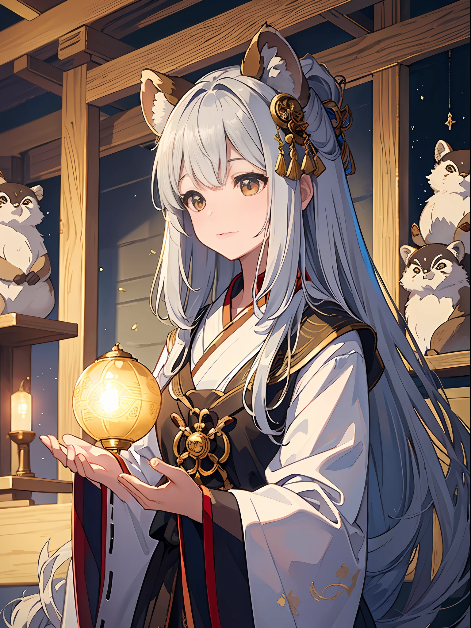 ((4K、masterpiece、top-quality))、Ink painting、ink and watercolor painting、Witches、Silver eyes、Silvery hair、Traditional costumes、Tanuki ears、Tanuki tail beautiful light reflection、lensflare、Seasonal geometric patterns、natural、the golden ratio、sound effects