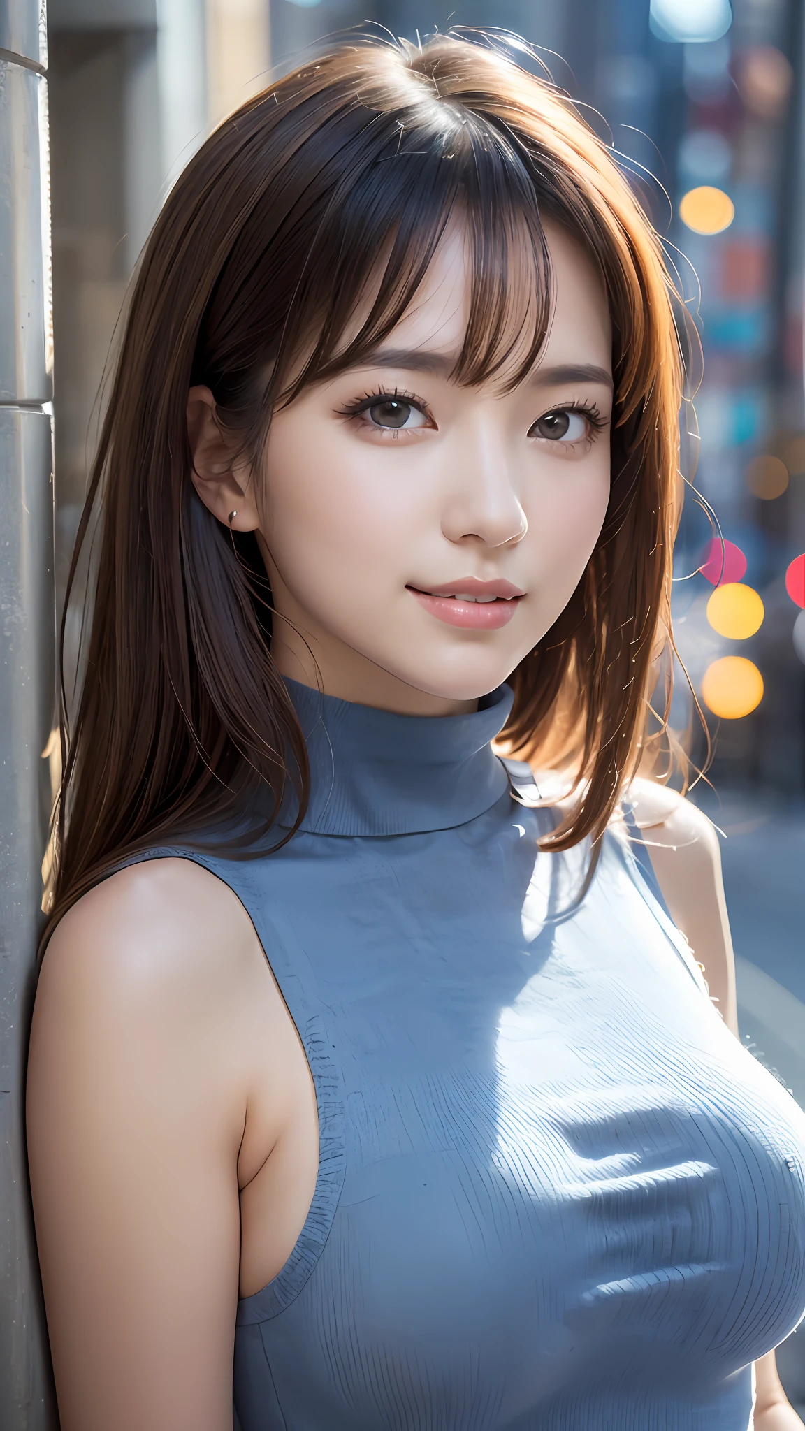 (8K, 超A high resolution, Best Quality, masutepiece:1.2)、RAW portrait of japanese girl、超A high resolution、top-quality、 (huge-breasted,:1.8)、{Hide all breasts:1.2}{Off-white shorts:1.5}、(Wearing a blue sleeveless turtleneck:1.5)、(hands to hips:1.6)、(In the street:1.2) BREAK (Natural Skin Texture、Detailed skin、Hyper-Realism、ultra sharpness)、intricate detailes、depth of fields、Sexy adult woman、Long black hair straight、Toned buttocks、((masterpiece、top-quality、high-detail))、(Photorealsitic:1.4)、独奏、closes mouth、Smile happily、big eye、Distinct double eyelids、Lashes、long neck、Absolute area、Clean collarbone、face perfect、thin lips、a small face、(gazing at viewer、Highlights in the eyes、Light brown eyes、lipgloss)、(From the side:1.5){pull、From head to foot、showing your whole body:1.2}