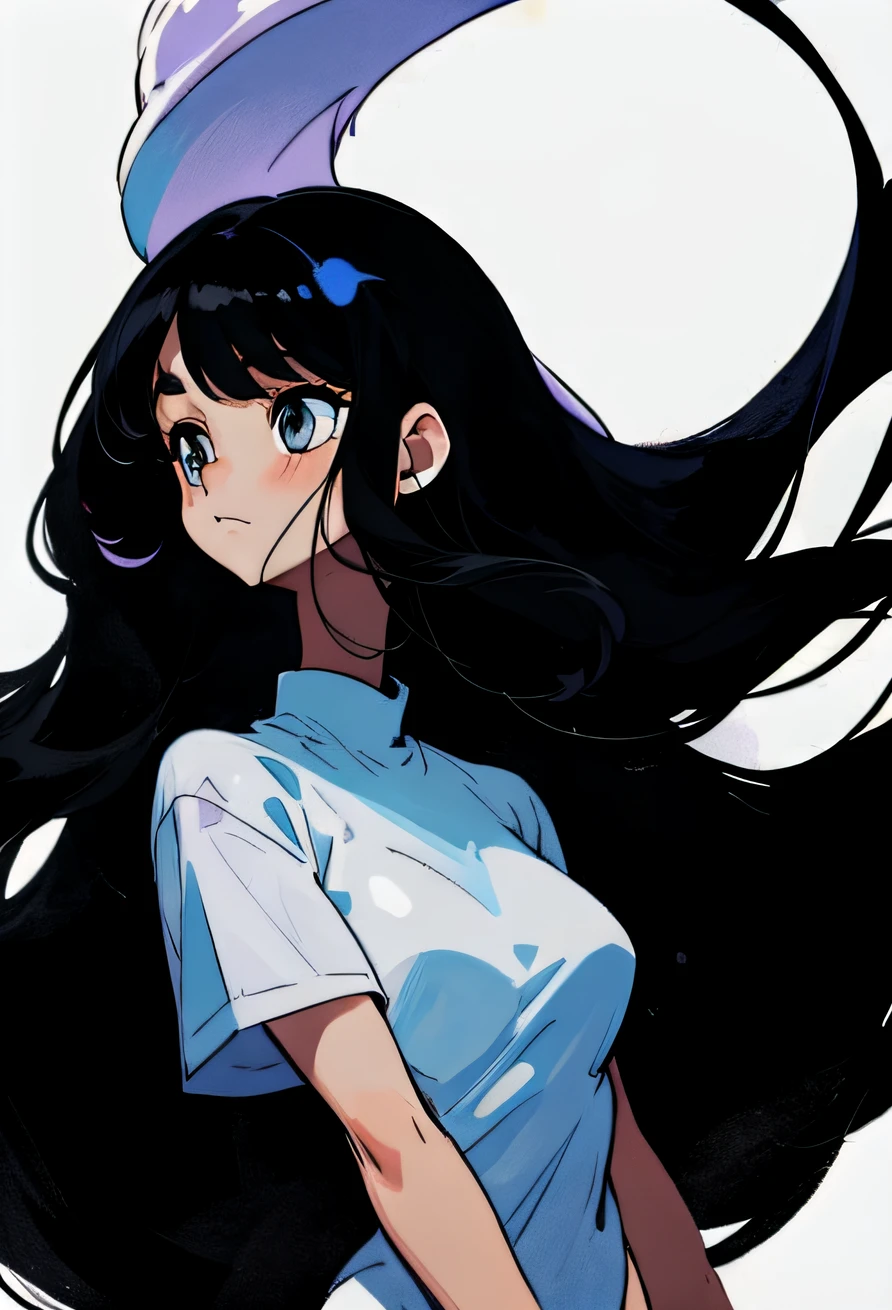 Long black hair and white top, 1Girl,