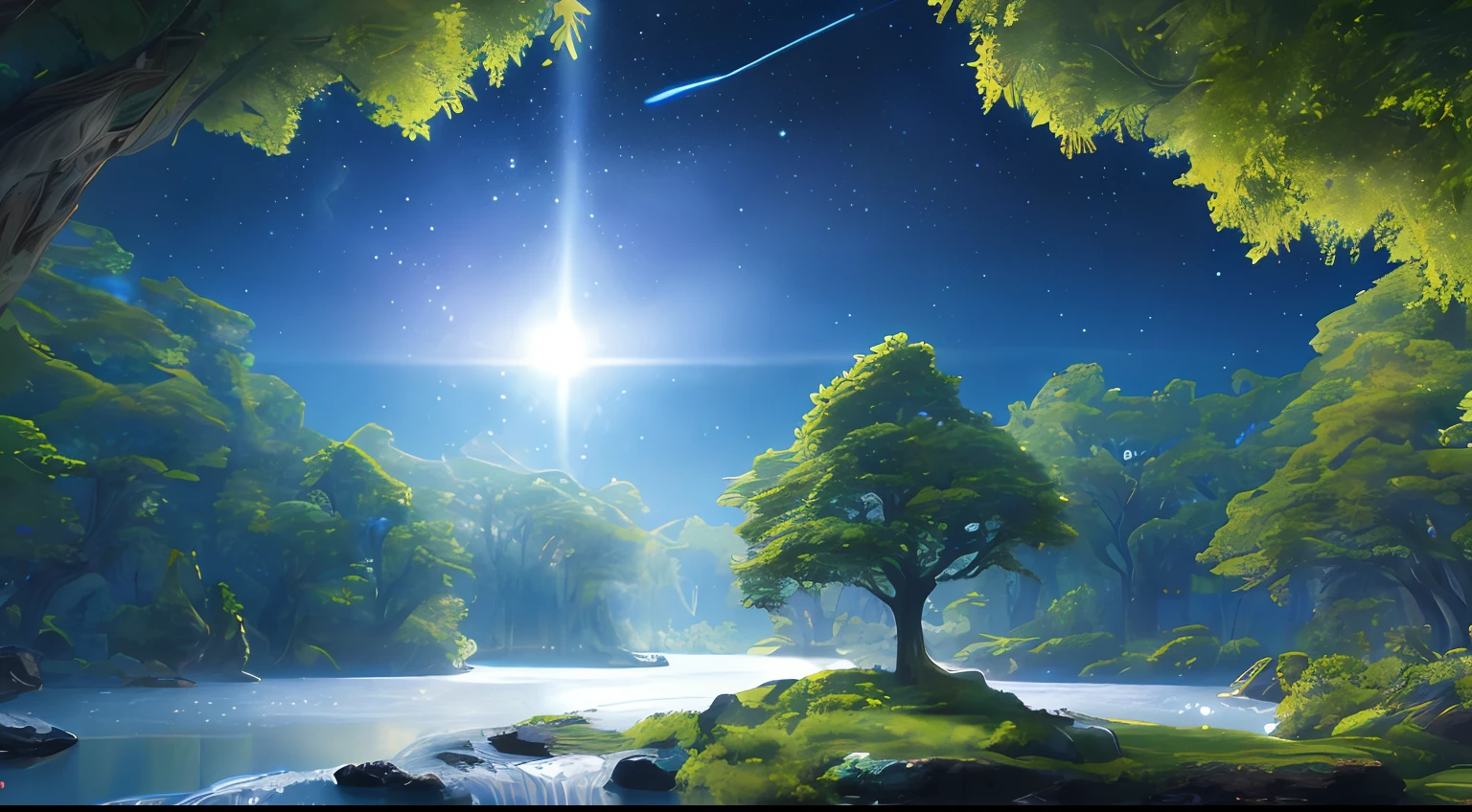 Illustration of a hyperrealistic , otherworldly, ultrasky scene featuring a giant crystal tree full body,very detailed and magical lighting, intricate forest details, vegetation and river around, solarpunk ,landscape, giant tree, beatifull leafy with beautiful lighting and realistic proportions, as if it were a cinematic background, 8k, highest quality, masterpiece, clouds and stars in the sky.