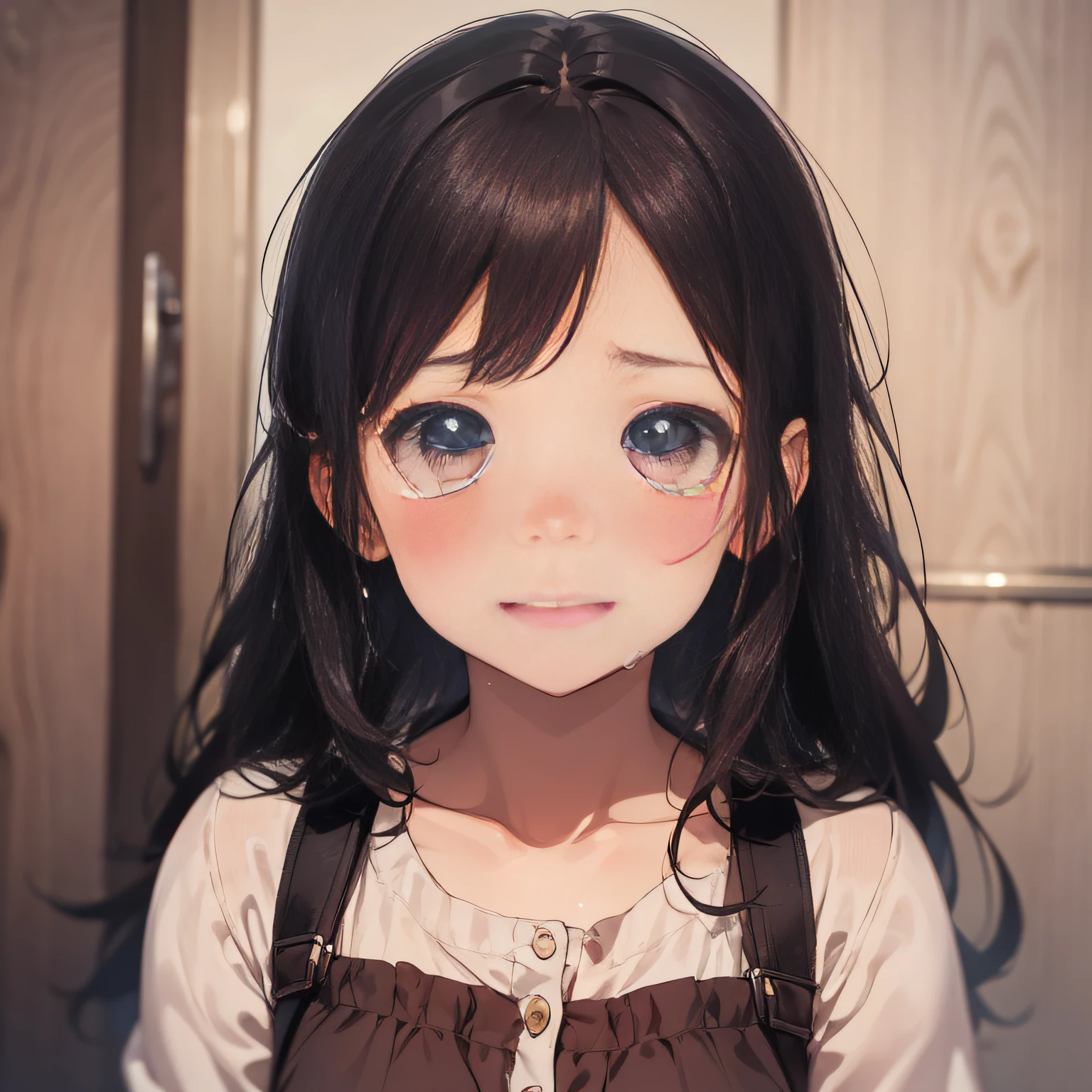 A girl with a cute face,Tears in the eyes,It's like crying,With a slight blush on his face,It's like pleading,In the house