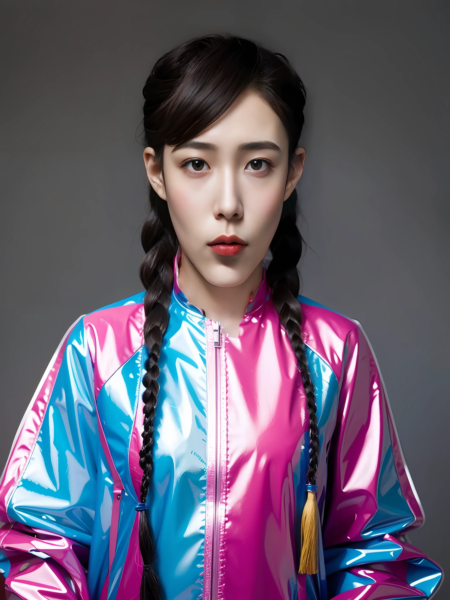 A Chinese high school girl,Wear colorful PVC casual clothes,Twist braids,greybackground。