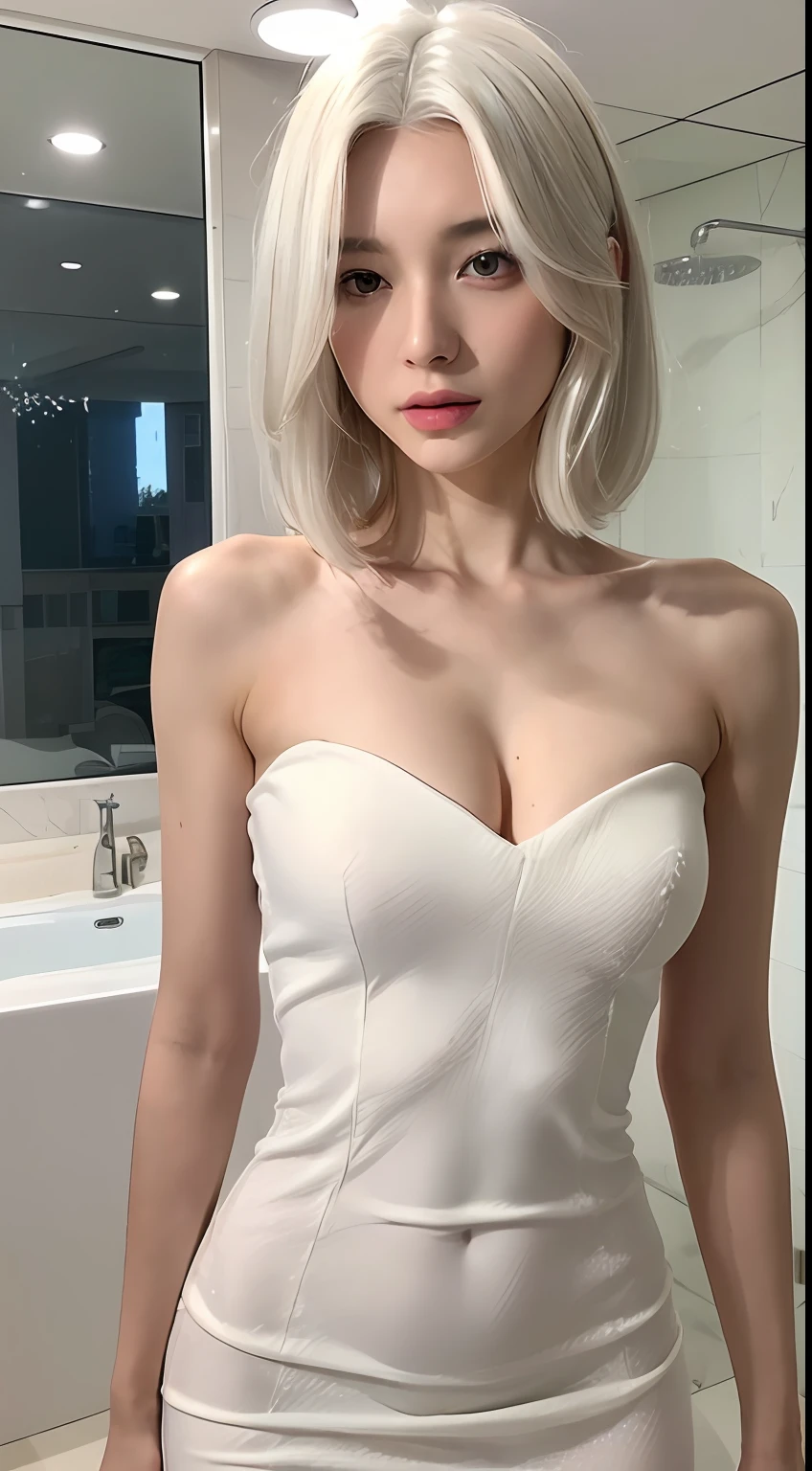 ((Realistic lighting, Best quality, 8K, Masterpiece: 1.3)), Focus: 1.2, 1girl, Perfect Body Beauty: 1.4, Slim Abs: 1.1, (( white Hair)), (Aqua Dress: 1.4), (Indoor, Night: 1.1), Bathroom, Super Fine Face, Fine Eyes, Double Eyelids,