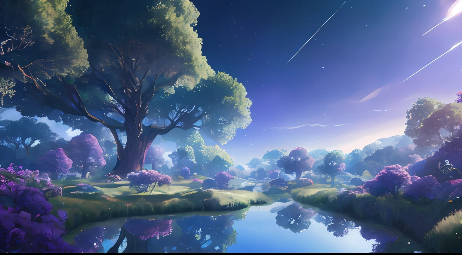 Illustration of a hyperrealistic , otherworldly, ultrasky scene featuring a giant crystal tree full body,very detailed and magical lighting, intricate forest details, vegetation and river around, solarpunk ,landscape, giant tree, beatifull leafy with beautiful lighting and realistic proportions, as if it were a cinematic background, 8k, highest quality, masterpiece, clouds and stars in the sky.