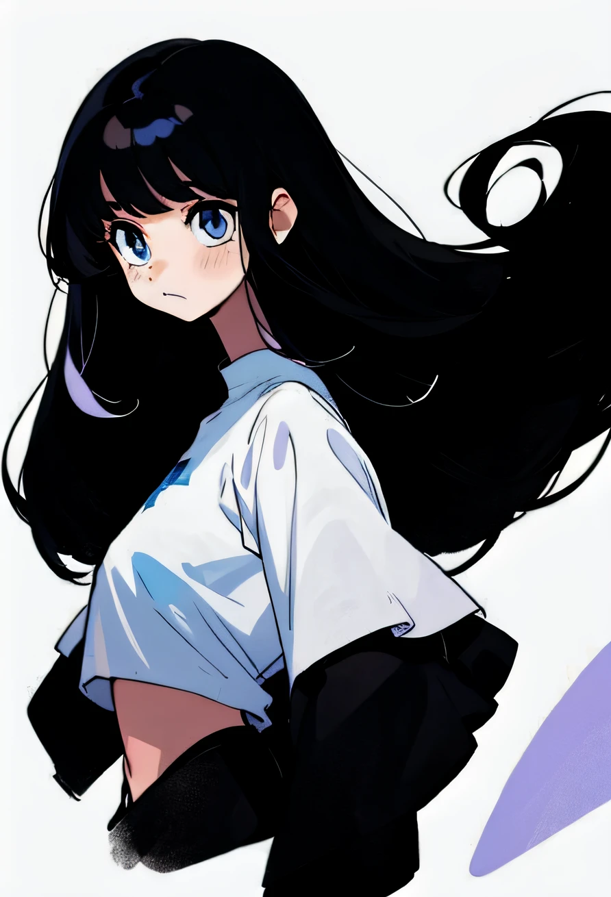 Long black hair and white top, 1Girl,