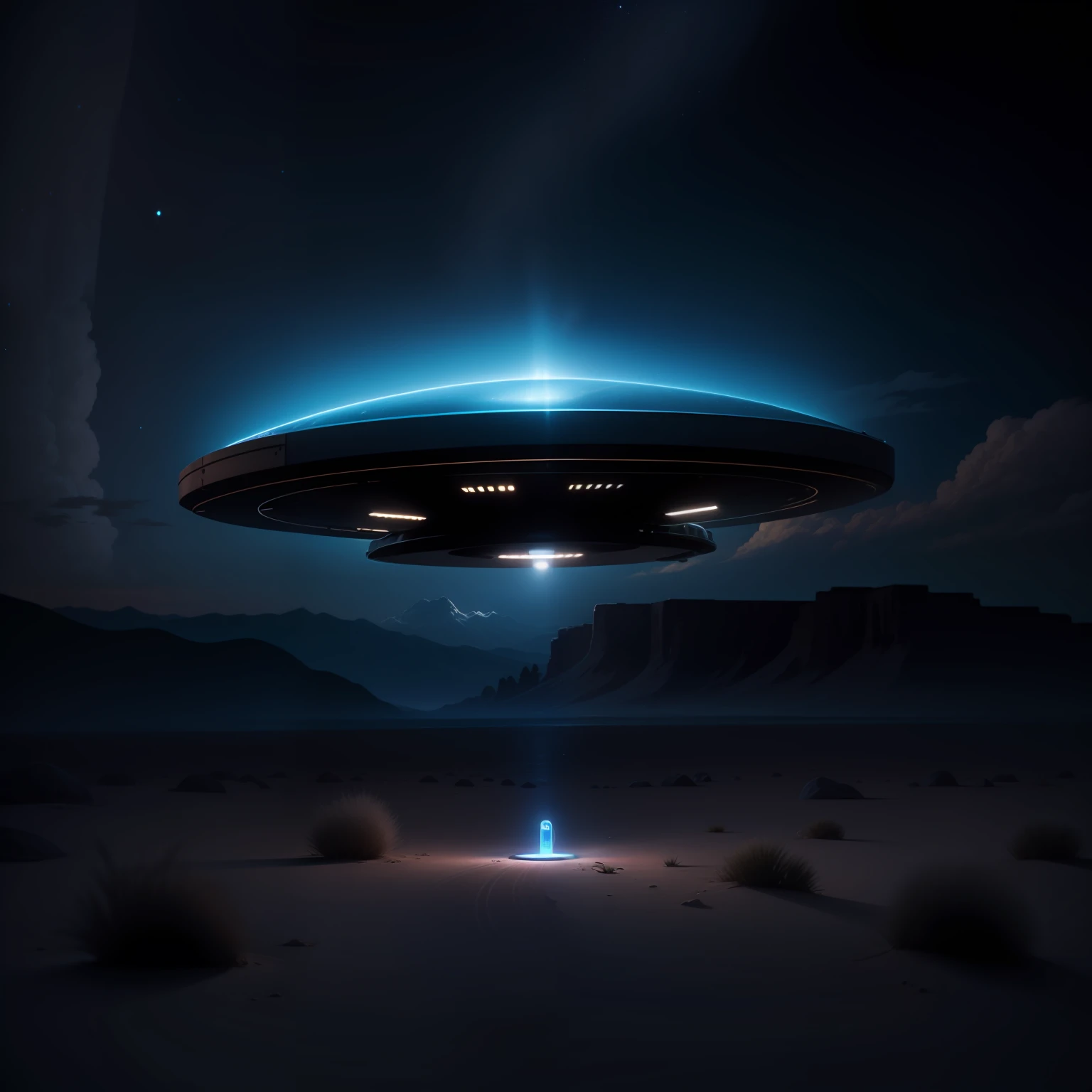 uma imagem realista de um disco voador de cor escura, emitting a soft blue light towards the ground, at night, in area 51, Nevada, Estados Unidos^)