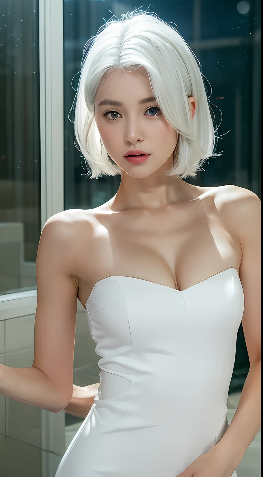 ((Realistic lighting, Best quality, 8K, Masterpiece: 1.3)), Focus: 1.2, 1girl, Perfect Body Beauty: 1.4, Slim Abs: 1.1, (( white Hair)), (Aqua Dress: 1.4), (Indoor, Night: 1.1), Bathroom, Super Fine Face, Fine Eyes, Double Eyelids,