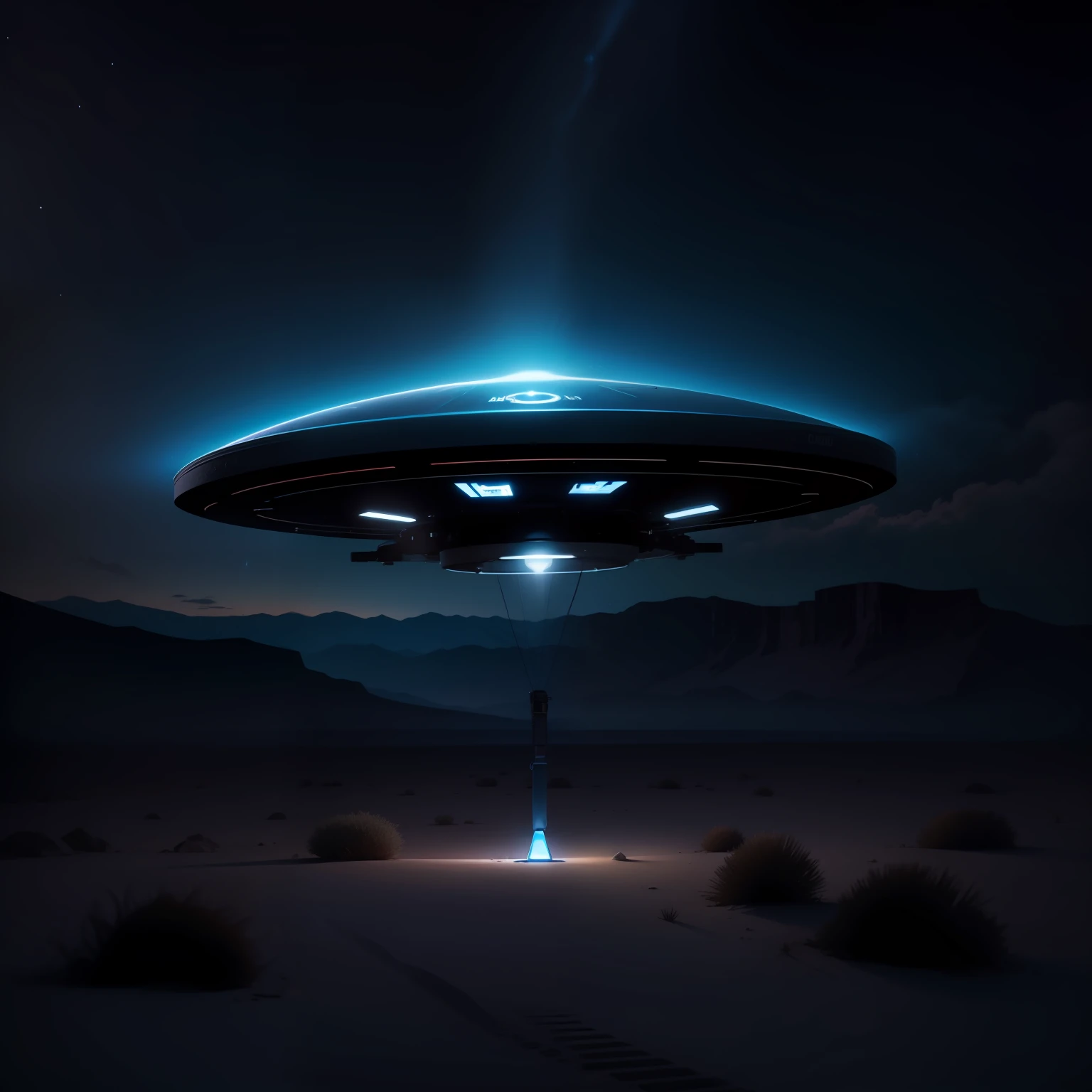 uma imagem realista de um disco voador de cor escura, emitting a soft blue light towards the ground, at night, in area 51, Nevada, Estados Unidos^)