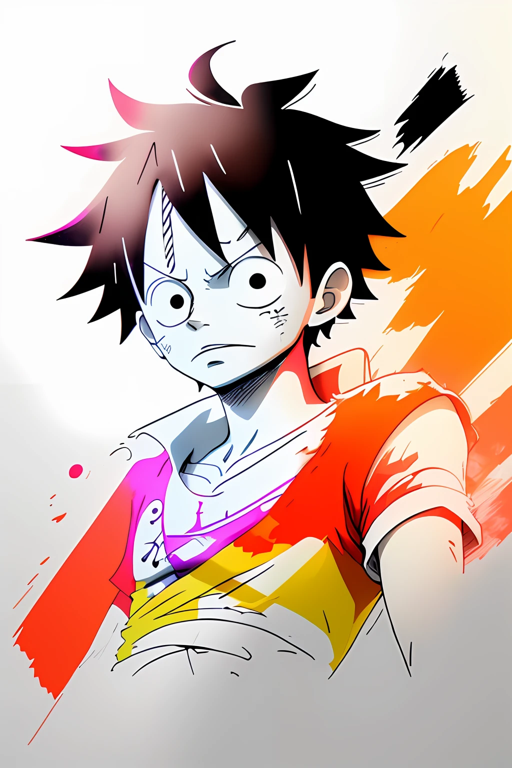 Luffy half-shirt print design, colorful line art white background, colorful design, minimal and pure