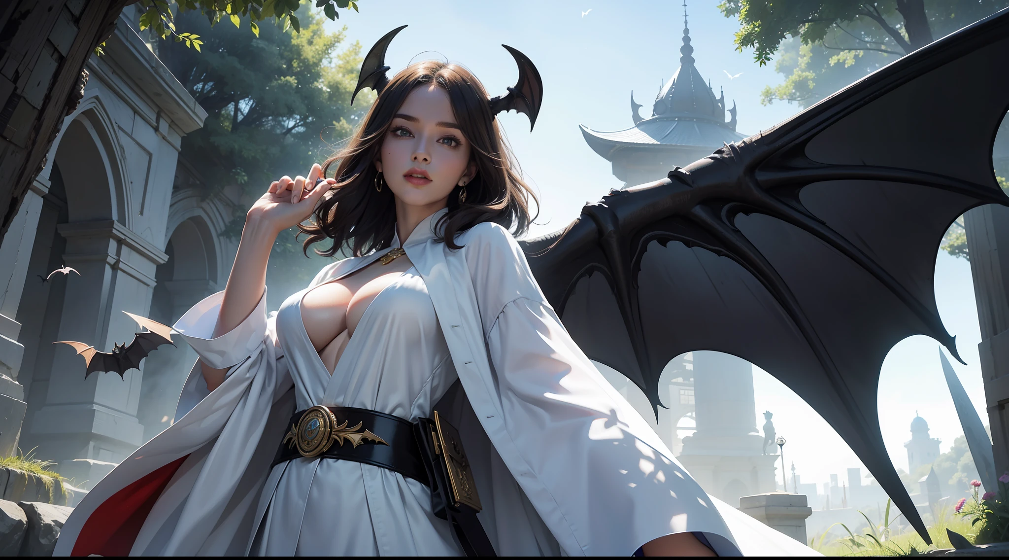 （8K，RAW photos，best qualtiy，tmasterpiece：1.2），ultra - detailed，offcial art，photo-realistic：1.37，upperbody shots，Confident and mature woman，Dragon's horn，Bat wings，Large breasts，magnificent robe，complex patterns，magia，borgar，Natural hair，filmgrain，actionpose，rays of sunshine