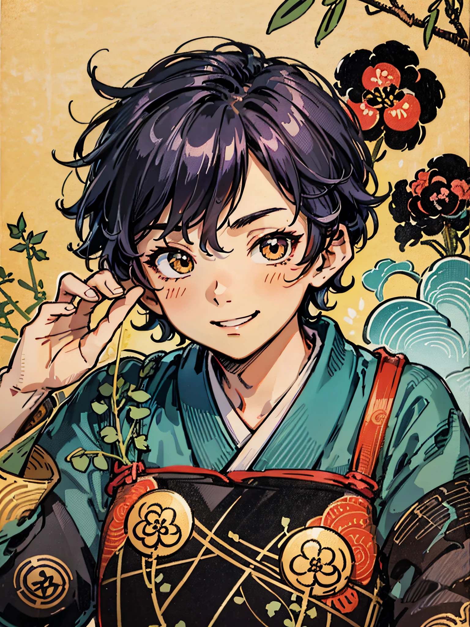 Propose a very attractive design、1boys、10-year-old boy、Boy with short hair、Lifting Pose、Dynamism、Depicted to the toes、Katsushika Hokusai-kaze、Natural color design、Bold and beautiful plant design、Bamboo motifs、Long stretched bamboo design、japanic style、Detailed diagram of the pattern、With the highest quality、masterpiece、hight resolution、ukiyoe style、Artistic style、Postcard Design、Balanced design、Attractive composition、Emotional Art、Ukiyo-e style、japanese aesthetic、4K resolution、Gorgeous background art、Attributes of boys(Bright smile、Very smile、active、Comfortable clothing、male people、Lively、Ninja、Martial artist、Little Boy、Cheerful boy、Bullish personality、Dignified、Beautiful Boys、A dark-haired、short-hair、Rough hair、Untied hair、Natural Hair、Good impression)