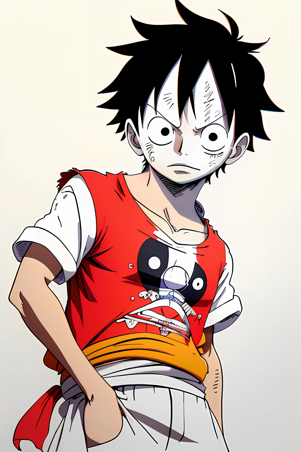 Luffy half-shirt print design, colorful line art white background, colorful design, minimal and pure