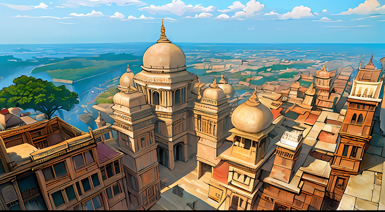 ((masterpiece)),((best quality)),((high detial)),((realistic,)) ancient banaras city, deep canyons in the middle, architectural streets, bazaars, Bridges, rainy days, steampunk, Indian architecture