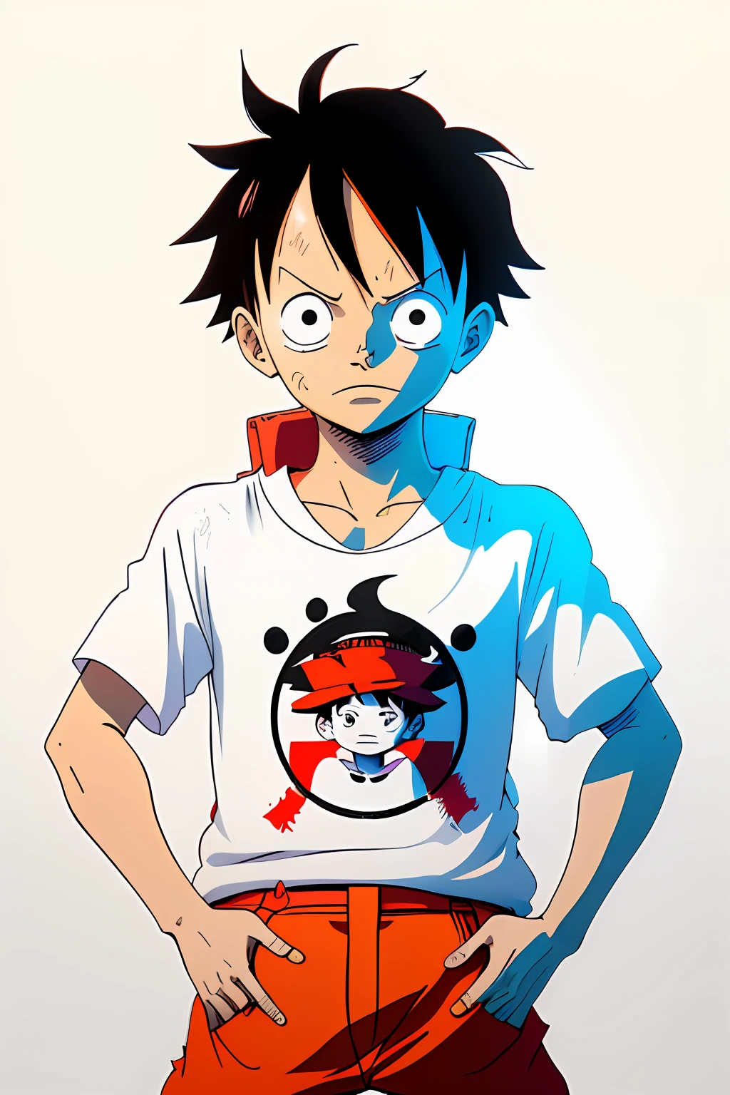 Luffy half-shirt print design, colorful line art white background, colorful design, minimal and pure