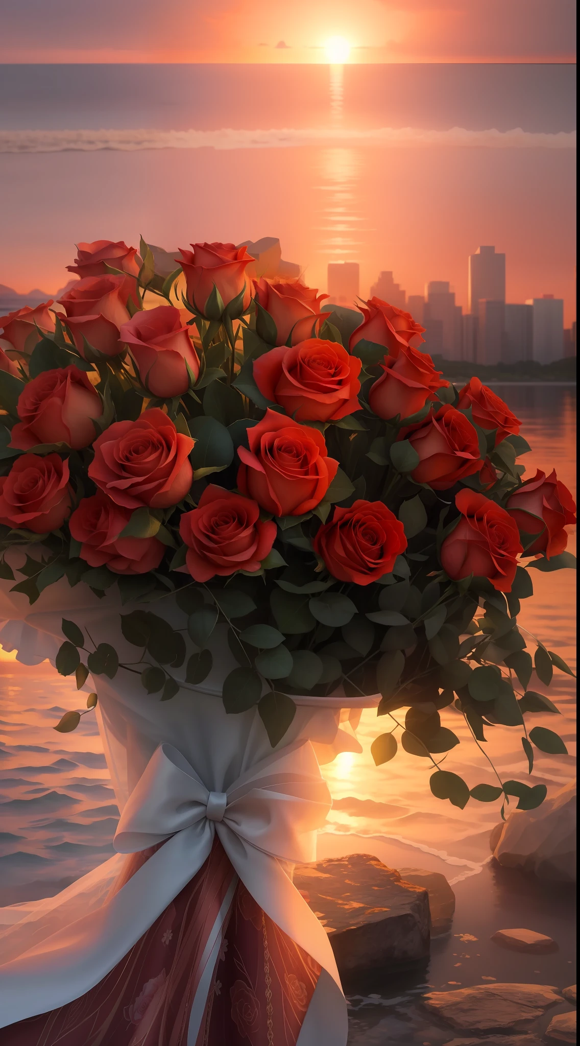 There is a bouquet of roses on the rocks by the water, floral sunset, gorgeous romantic sunset, elegant flowers, flower bouquet, Lovely, Romantic!!!, rosette, jaw-droppingly beautiful, Beautiful and elegant, ellegance, Romantic, roses in cinematic light, Jaw-dropping beauty, romantic motifs, Rose tones, stunning view, pastel roses, for a beautiful, Very romantic