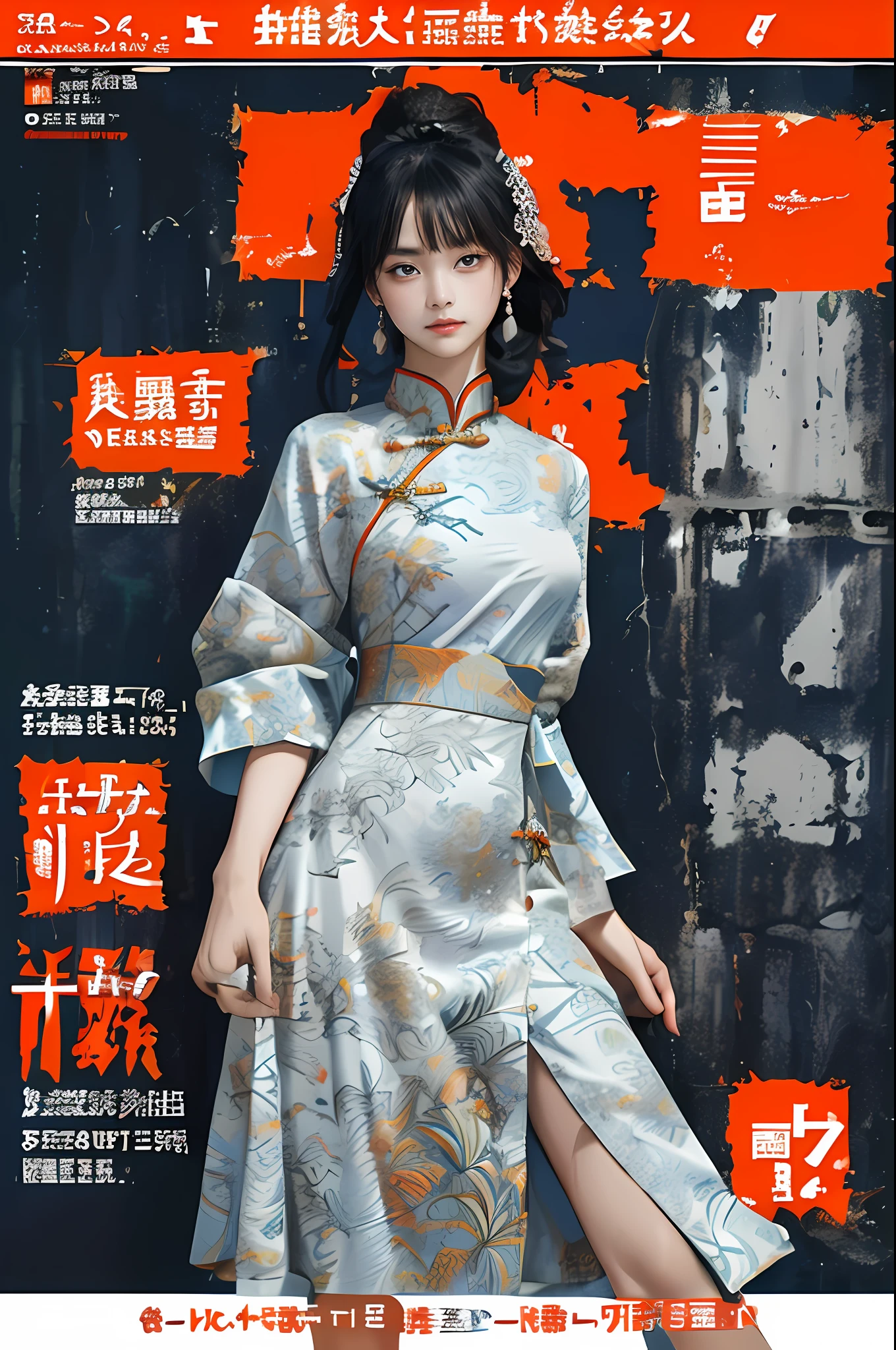 ((((Dramatic))), (((grittiness))), (((Intense))) The movie poster features a young woman as the central character。She stands confidently in the center of the poster，Wear traditional Chinese clothing，With a gentle expression on his face。The text is bold and eye-catching，With catchy slogans。The color palette is dominated by soft light，Dotted with bright colors，Make the poster dynamic and visually striking，tachi-e (Magazines:1.3), (Cover-style:1.3), Fashionab, woman, vibrant, Outfit, posing on a, Front,rich colourful，dyna，Background with，Chinese elements，self-assured，Expressing the，halter，statement，Attachment，A majestic，coil，Runt，Touching pubic area，Scenes，text，Cover of a，boldness，attention-grabbing，