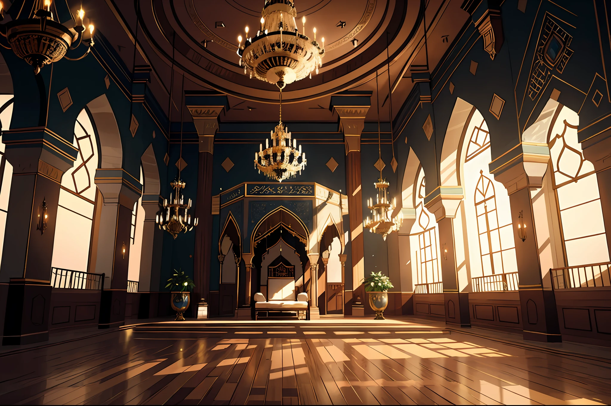 a close up of a large room with a chandelier and a chandelier, inside a palace, inside a grand ornate room, mosque interior, moroccan mosque, islamic interior design, dark majestic ornate great hall, islamic architecture, arabic architecture, cyberpunk mosque interior, unreal engine 5 render dramatic, in a throne room, exquisitely designed throne room, moorish architecture