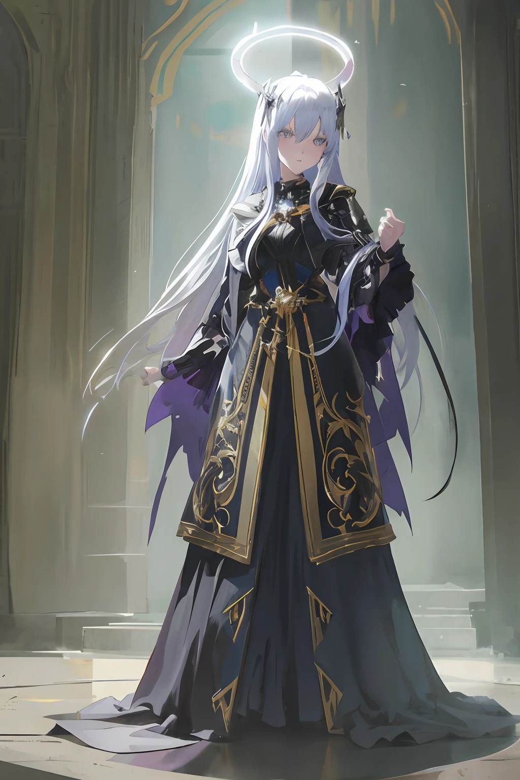 Anime - Stylistic image of a woman in a long dress and halo, astri lohne, dark robed,Gold accents, Kushatt Krenz Key Art Women, Guweiz in Pixiv ArtStation, From Arknights, Guweiz on ArtStation Pixiv, Guviz-style artwork, fate grand order