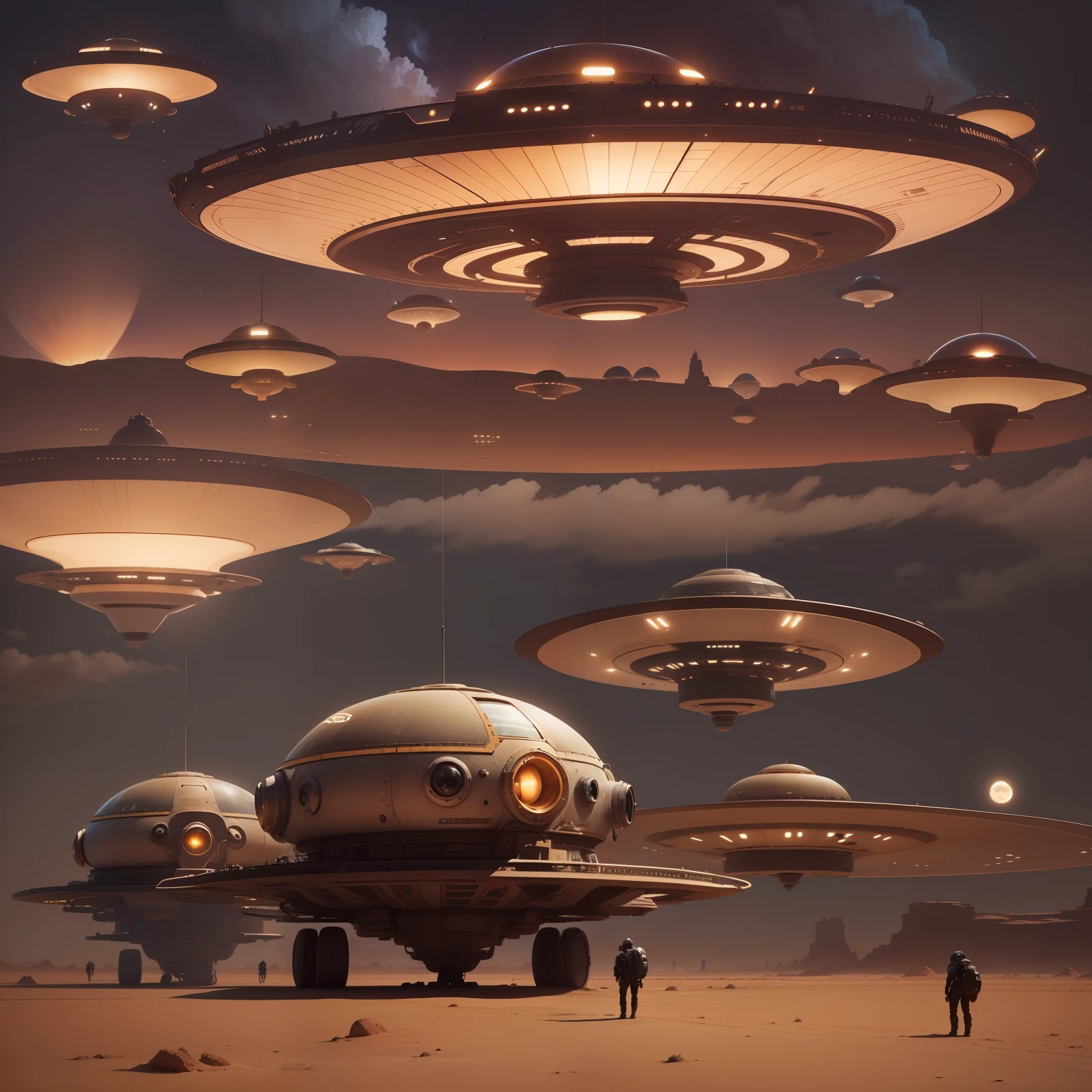 a flying saucer mothership, parada sobre o deserto, em uma noite escura, and from this mothership several small flying saucers coming out of the larger ship