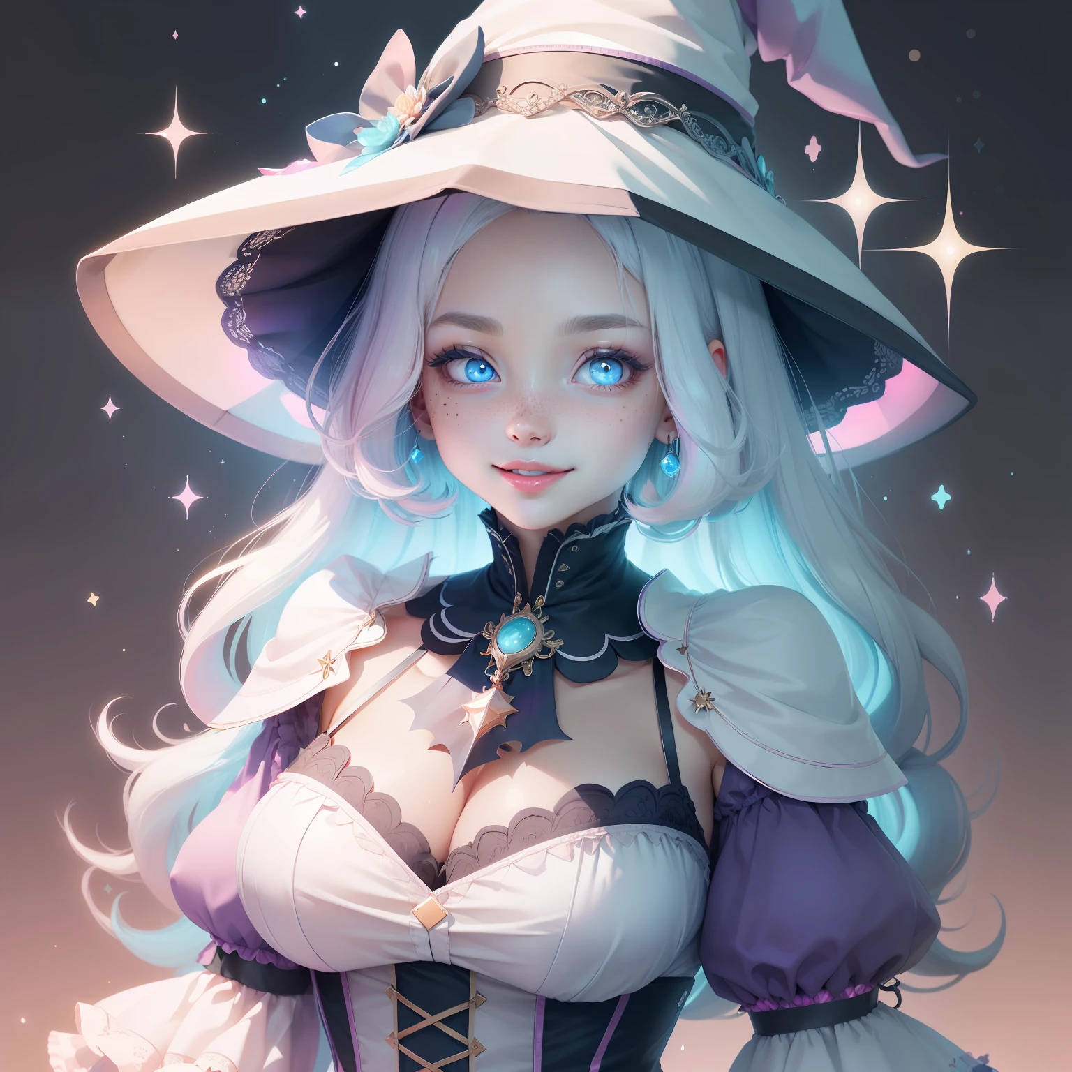 kawaiitech,Pastel color, kawaii,  niedliche Farben ,sci-fy,  pink,
scholar , scroll, 1girl huge  ,Long hair, Pale skin,White hair, Glowing eyes, Smile ,Closed mouth,Bob cut, clear lines, good facial features, blue-purple gradient eyes, white long hair, Victorian witch dress, thick lips, freckles and rosy cheeks, medium size , wearing a witch hat,